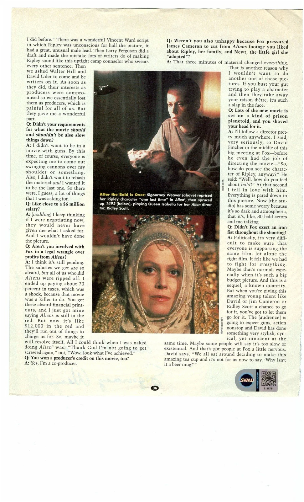 Sigourney Waver Signed Autographed 8x11 Magazine Photo SWAU Cert Ghostbusters, image 2