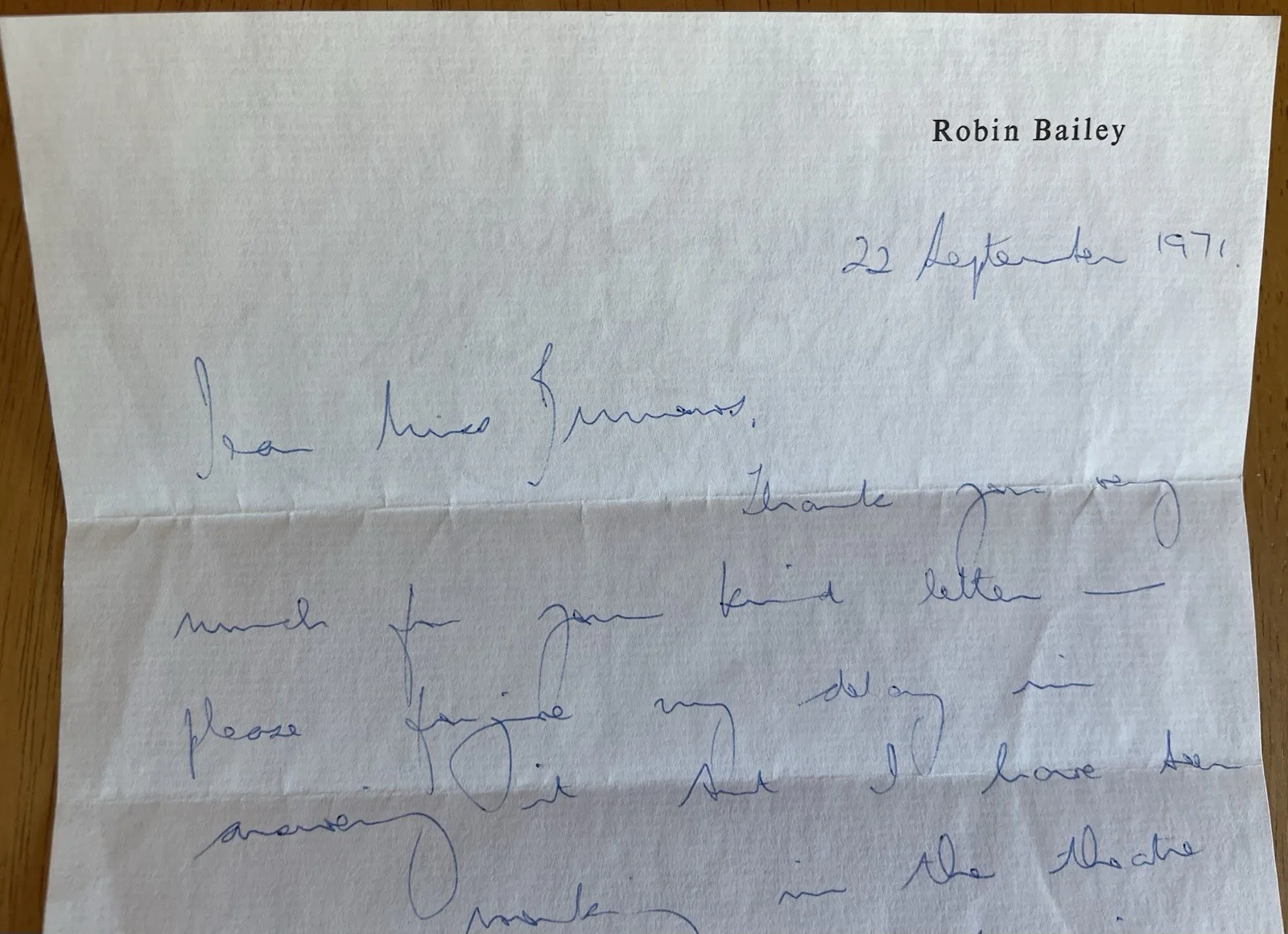 Robin Bailey — "Rumpole" English Actor Robin Bailey Autograph Letter, image 2