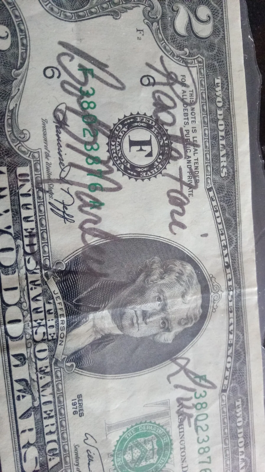 SIGNED Bob Marley 1973 $2 Bill Note RARE Rastafarian JAMAICAN Music AUTOGRAPHED, image 4