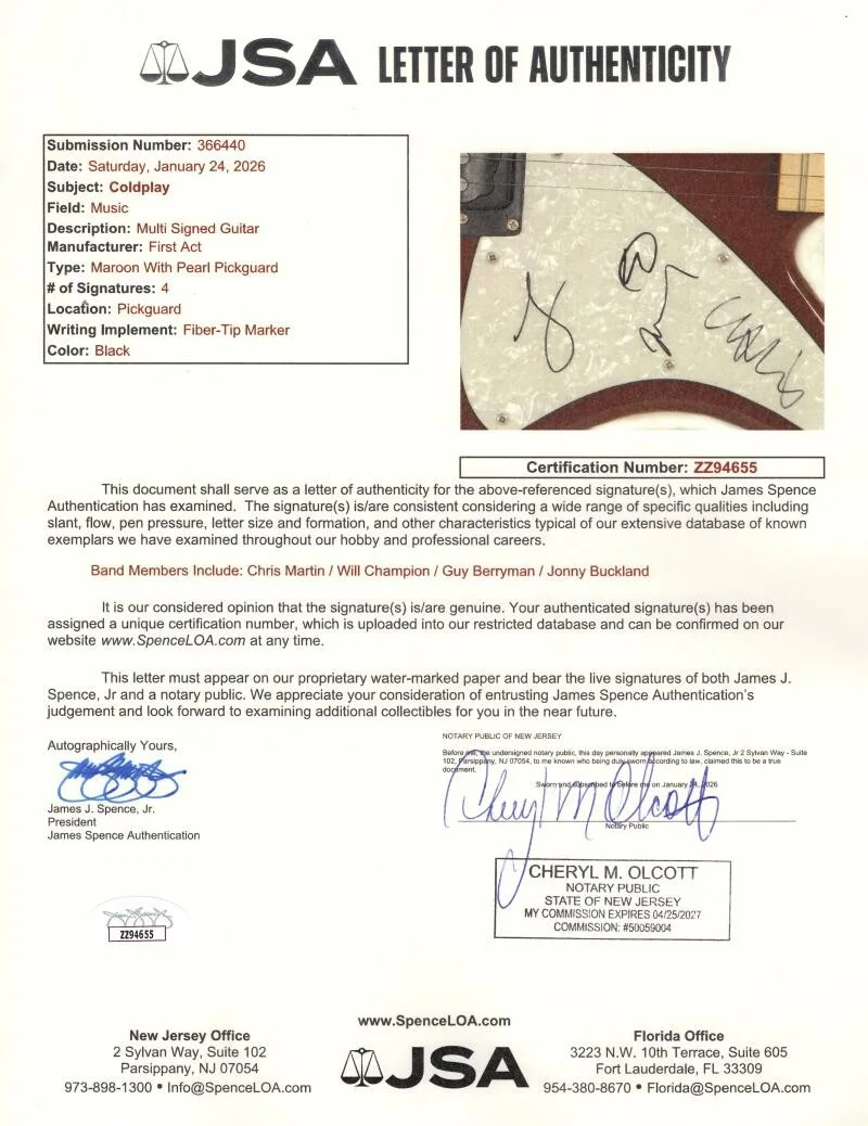 Guy Berryman, Jonny Buckland, Will Champion, Chris Martin — Coldplay Full Band Signed Autograph Full Size Guitar - Chris Martin +3 JSA COA, image 3