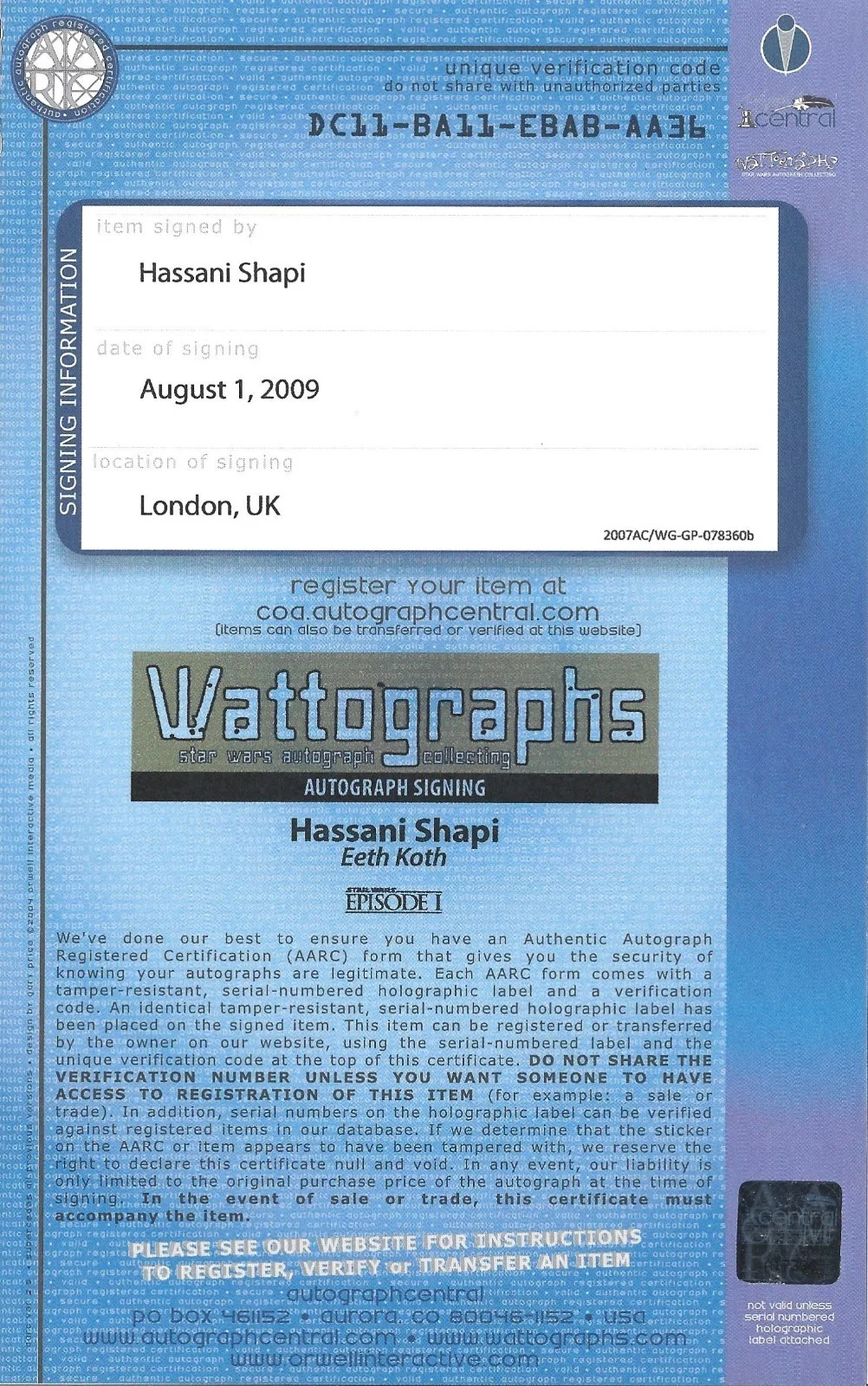 Hassani Shapi — RARE Hassani Shapi Eeth Koth Signed Official Pix Star Wars 8x10 Photo Autograph, image 3