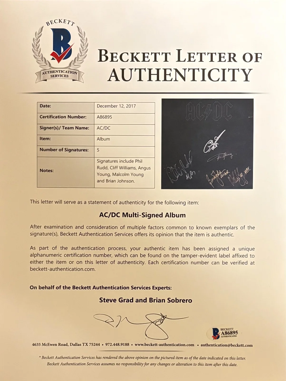AC/DC Group Signed Back in Black Album Young Johnson Rudd Williams Beckett BAS, image 3