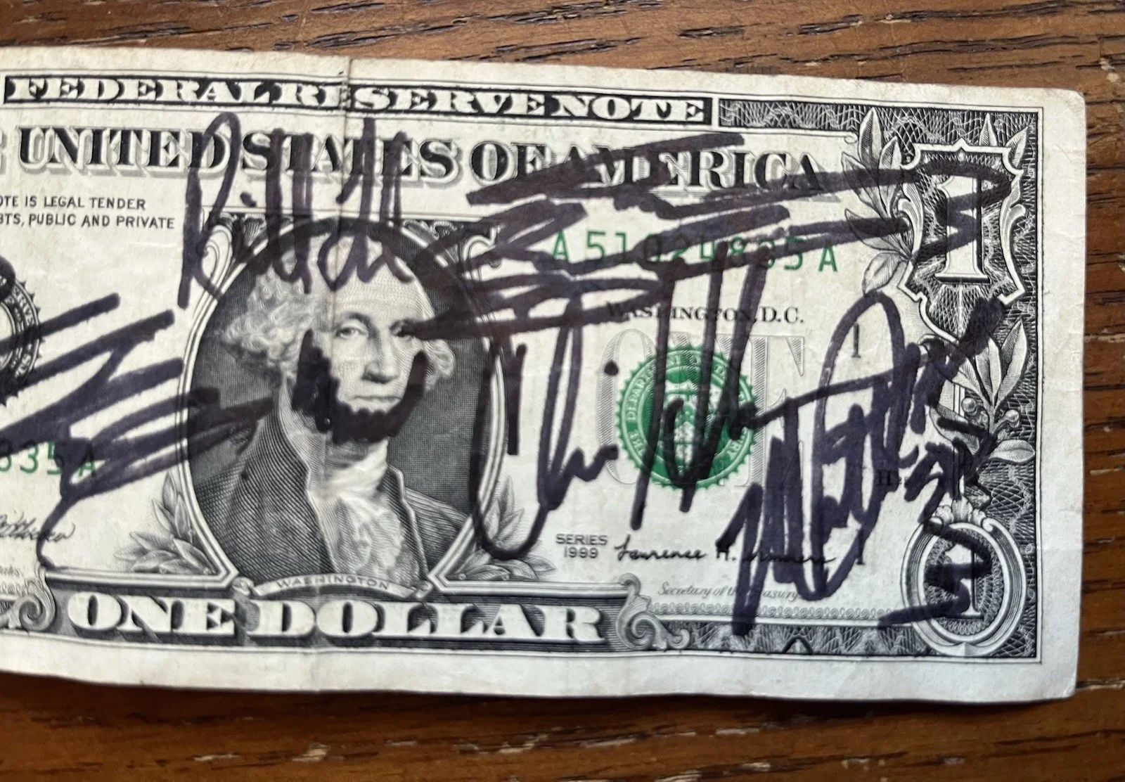 3 Doors Down Signed Dollar Bill Brad Arnold Matt Roberts Unique Piece!, image 3