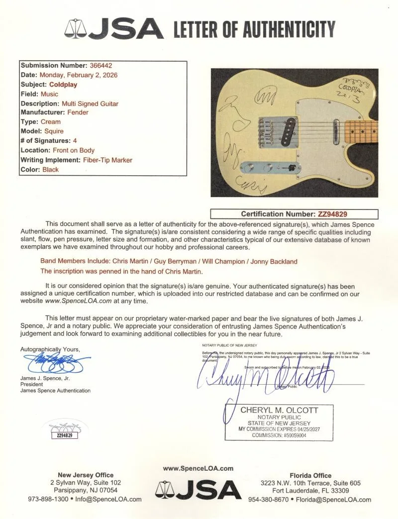 Guy Berryman, Jonny Buckland, Will Champion, Chris Martin — Coldplay Full Band Signed Autograph Guitar - Chris Martin Will Guy Jonny JSA COA, image 3