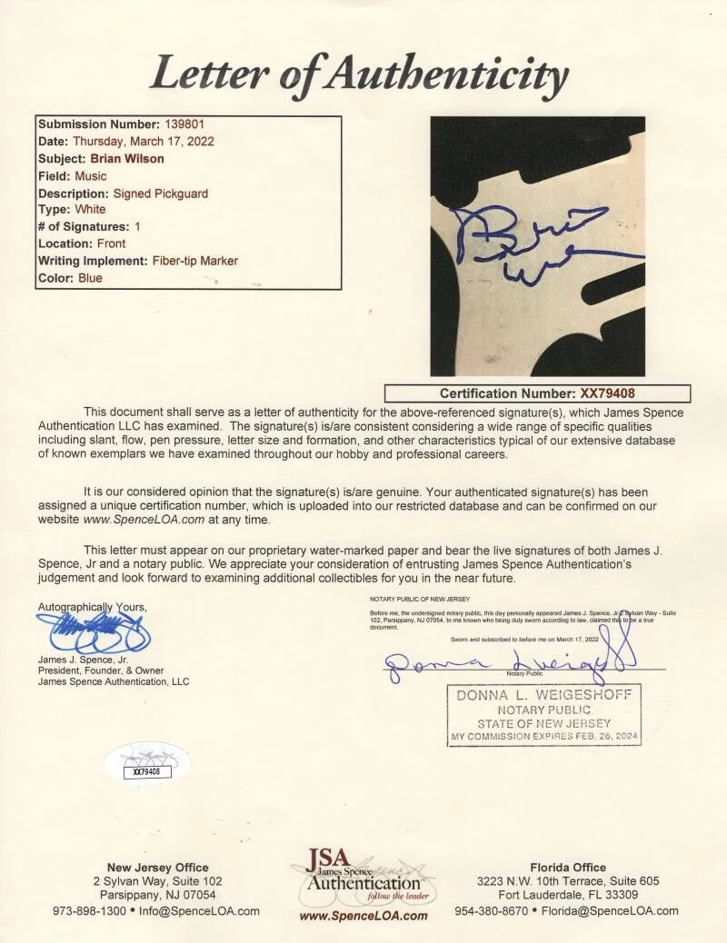 Brian Wilson — Brian Wilson Beach Boys Signed Autograph Custom One-of-a-Kind Guitar w/ JSA COA, изображение 3