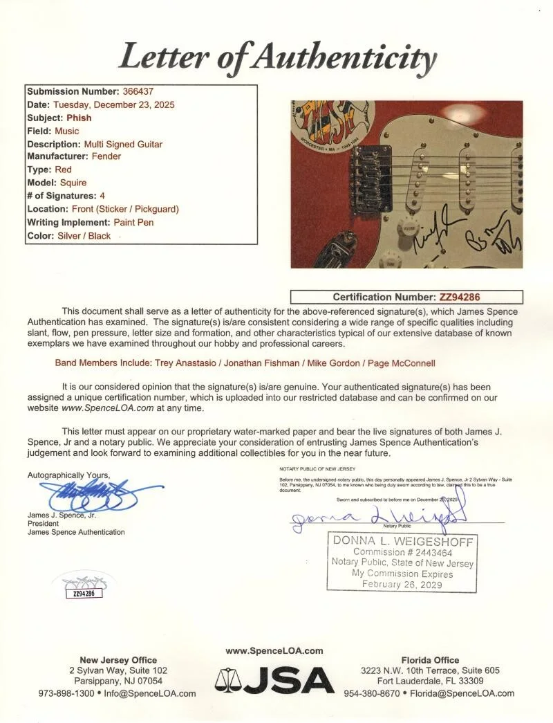 Trey Anastasio, Jon Fishman, Mike Gordon, Page McConnell — Phish Band Signed Autograph Guitar - Trey Anastasio Jon Fishman Mike Page w/ JSA, image 4