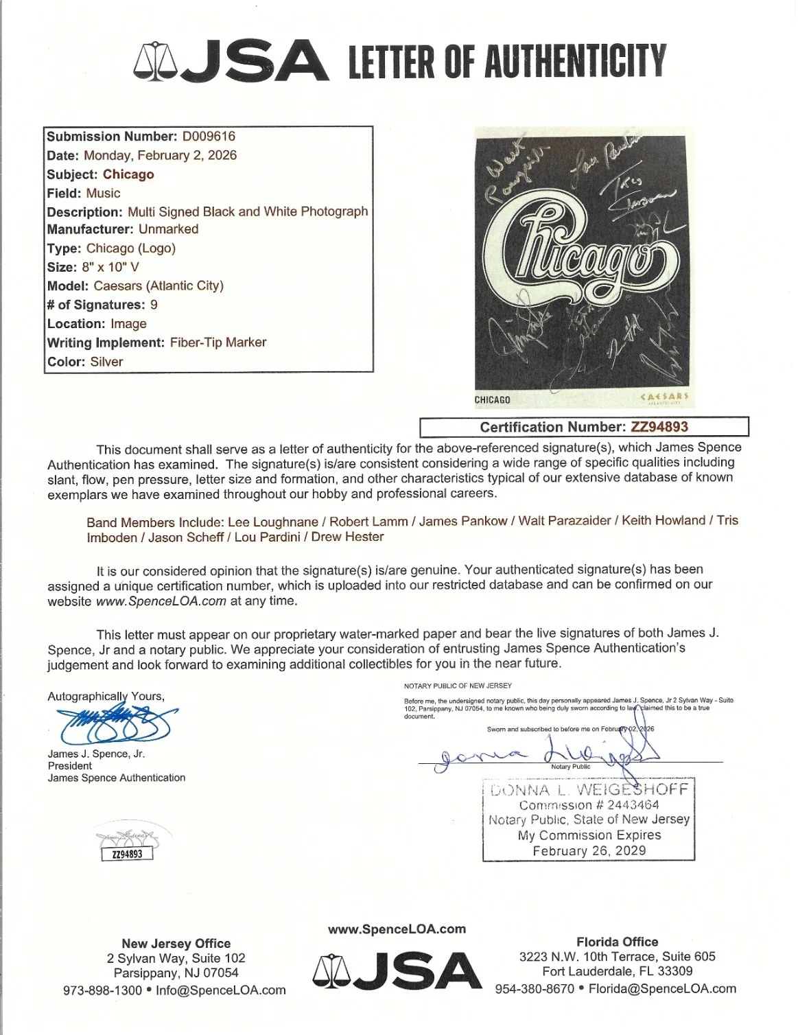 Chicago band SIGNED Concert Show Promo Photo JSA LOA Lamm Loughnane Pankow +6, изображение 2
