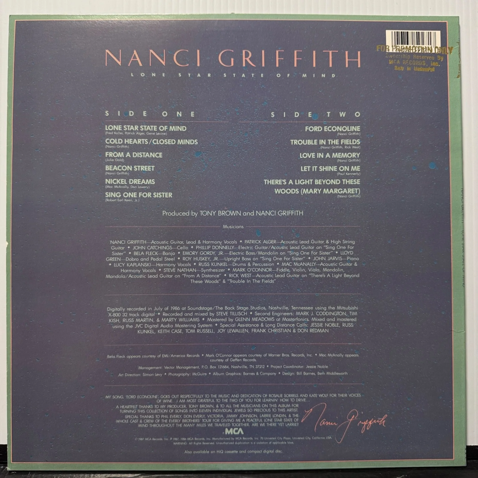 AUTOGRAPHED! NANCI GRIFFITH "Lone Star State Of Mind" vinyl MCA-5927 AUTOGRAPHED, изображение 3