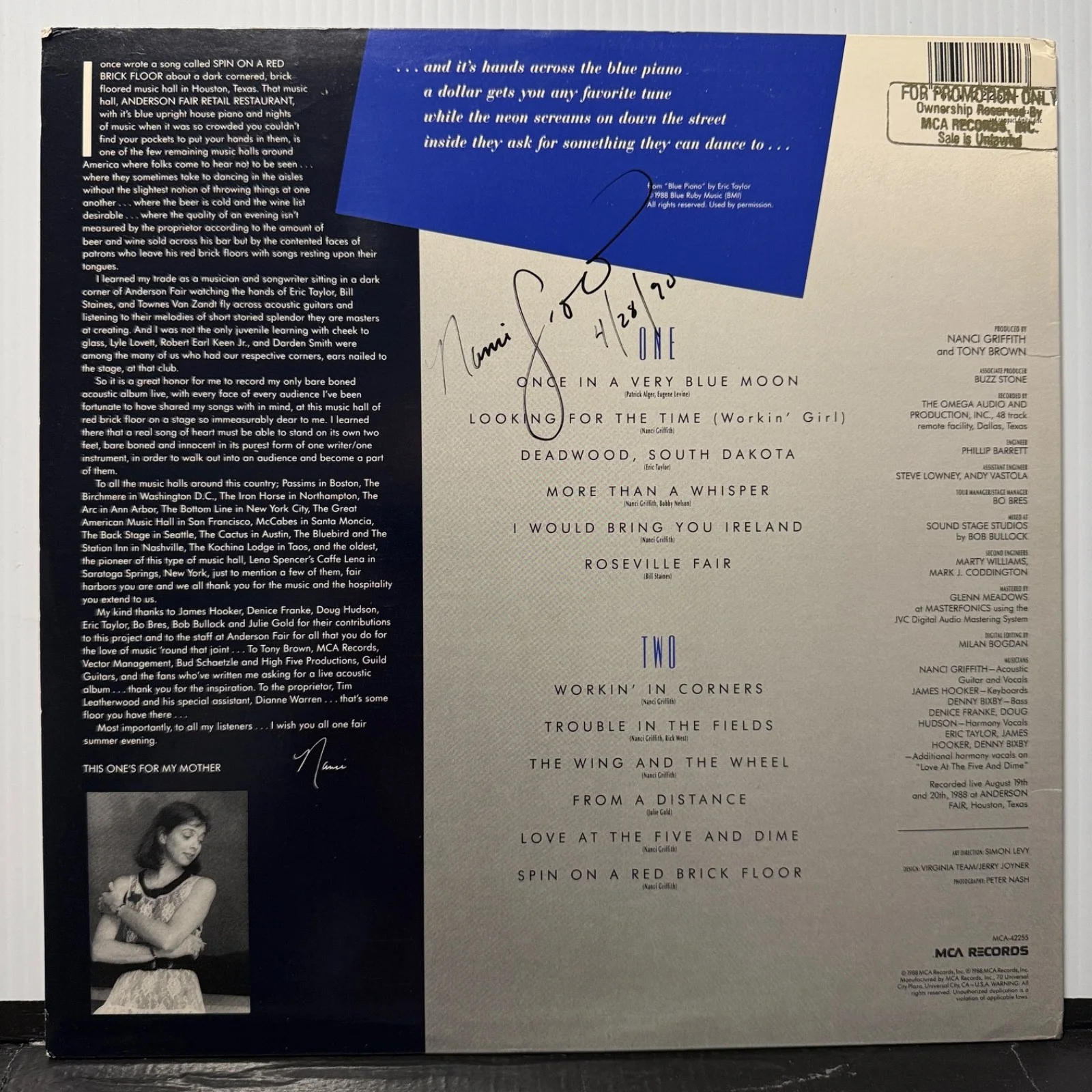 AUTOGRAPHED! NANCI GRIFFITH "One Fair Summer Evening" vinyl MCA-42255 AUTOGRAPHD, изображение 2