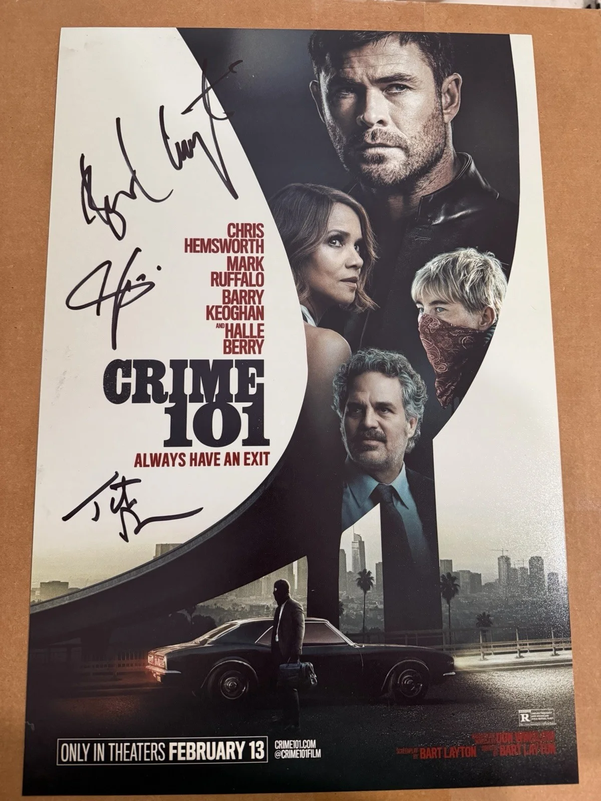 Tate Donovan Corey Hawkins Bart Layton Signed Crime 101 Poster Autograph PROOF, image 2