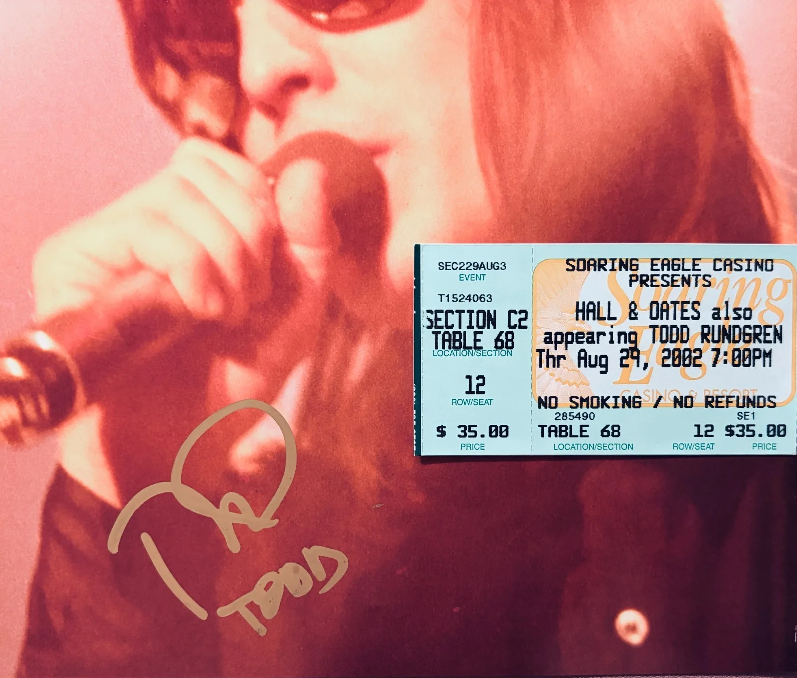 TODD RUNDGREN Signed 8X10 Pic•NAZZ UTOPIA•Signed 2002 Ticket stub included w/COA, изображение 2