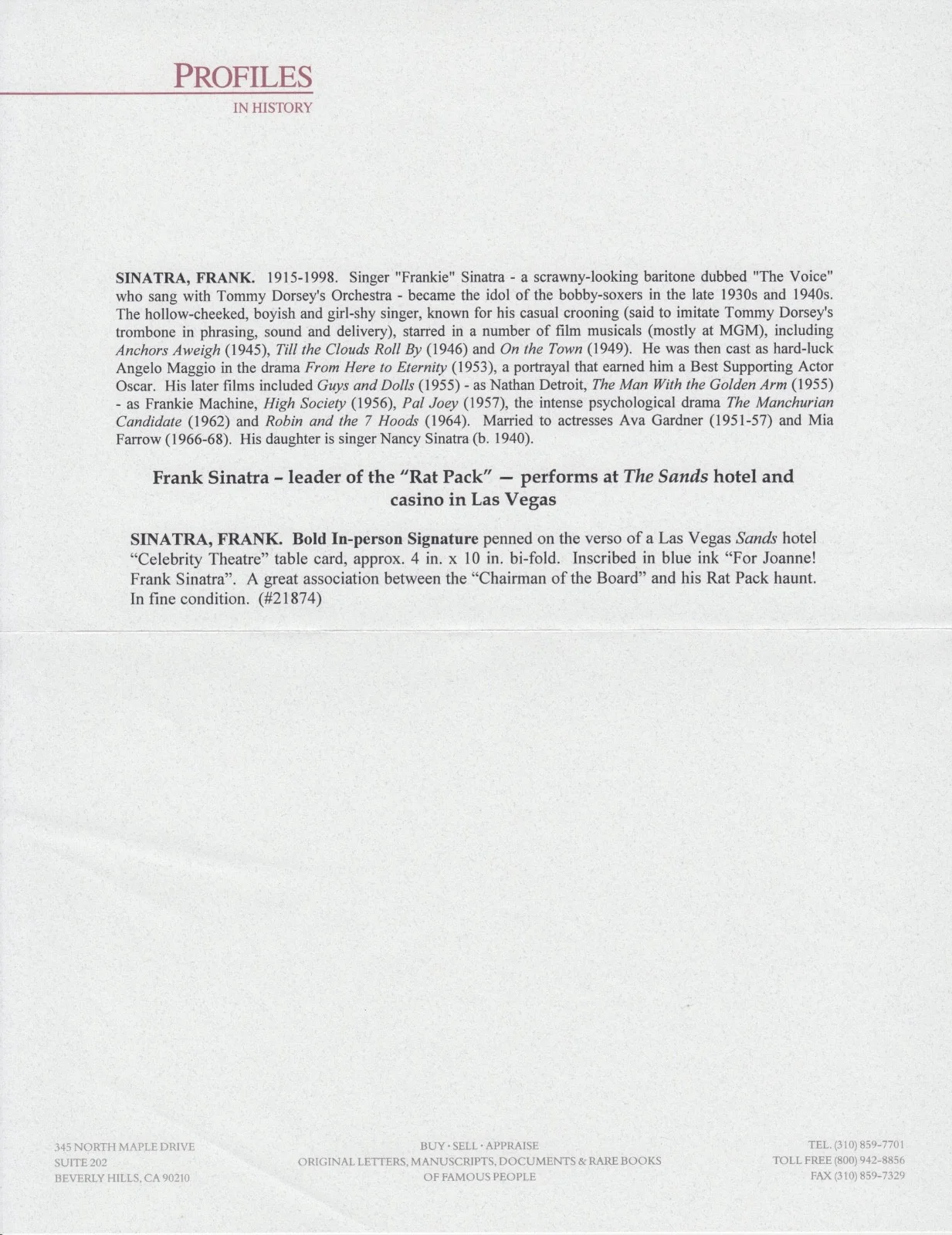 Frank Sinatra SIGNED The Sands, Las Vegas Autograph--JSA, Profiles in History, изображение 4