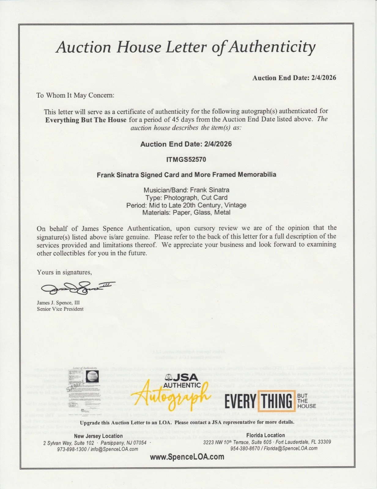 Frank Sinatra SIGNED The Sands, Las Vegas Autograph--JSA, Profiles in History, изображение 5