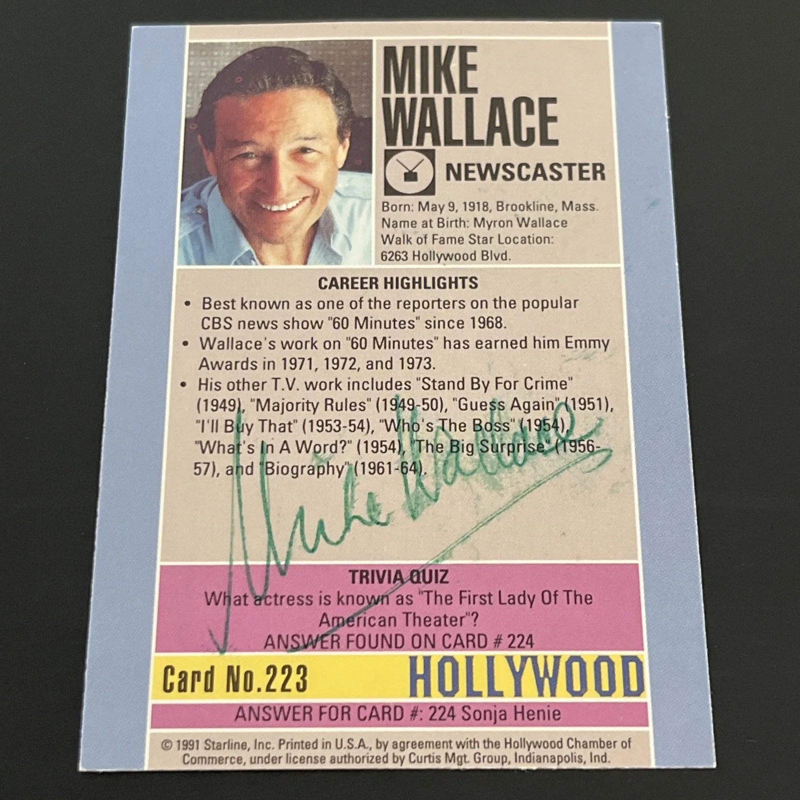 MIKE WALLACE Hollywood: Hand Signed Celebrity Photo Card 2.5 x 3.5”/ KSK, image 2