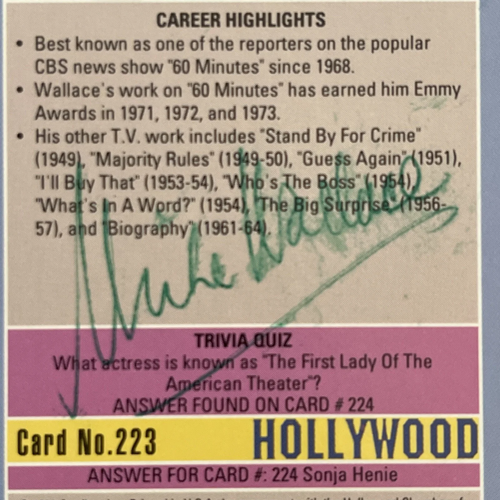 MIKE WALLACE Hollywood: Hand Signed Celebrity Photo Card 2.5 x 3.5”/ KSK, image 3