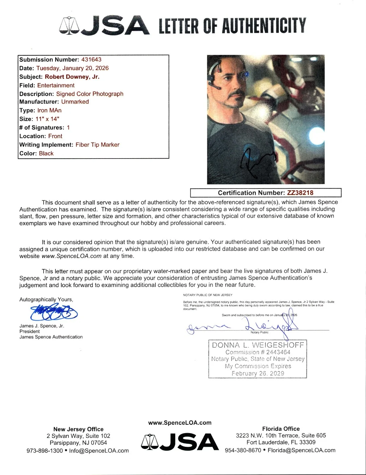 ROBERT DOWNEY Jr — ROBERT DOWNEY JR Authentic Hand-Signed "IRON MAN" 11x14 Photo (JSA COA), image 2