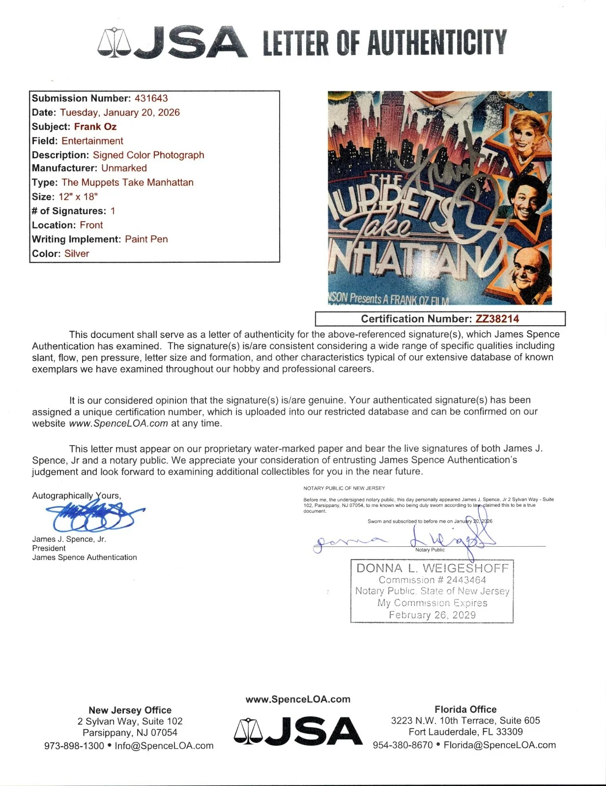 FRANK OZ — FRANK OZ Hand-signed "MUPPETS TAKE MANHATTAN" 12x18 Photo (JSA COA), изображение 2