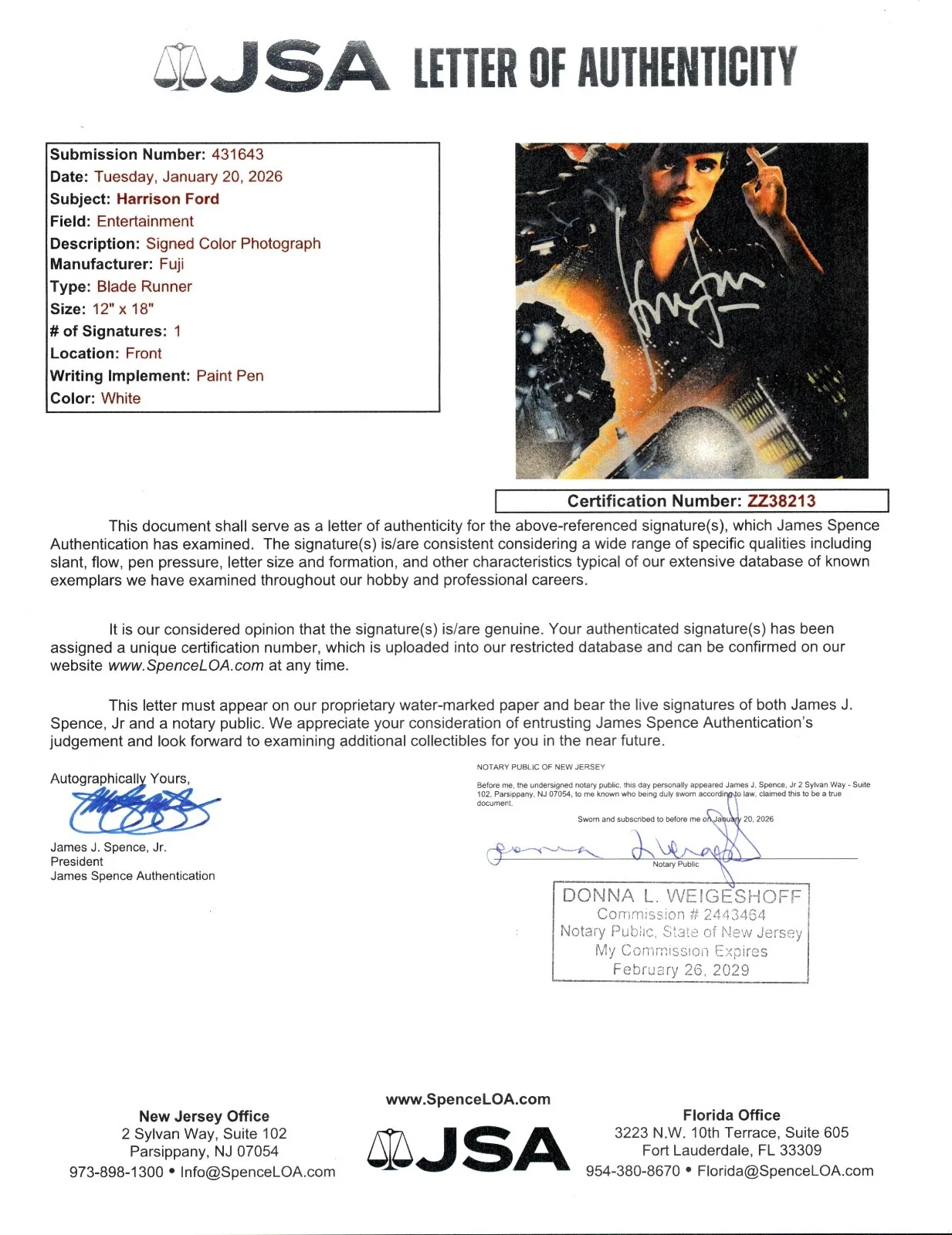 HARRISON FORD — HARRISON FORD Authentic Hand-signed "BLADE RUNNER" 12x18 Photo (JSA COA), image 2