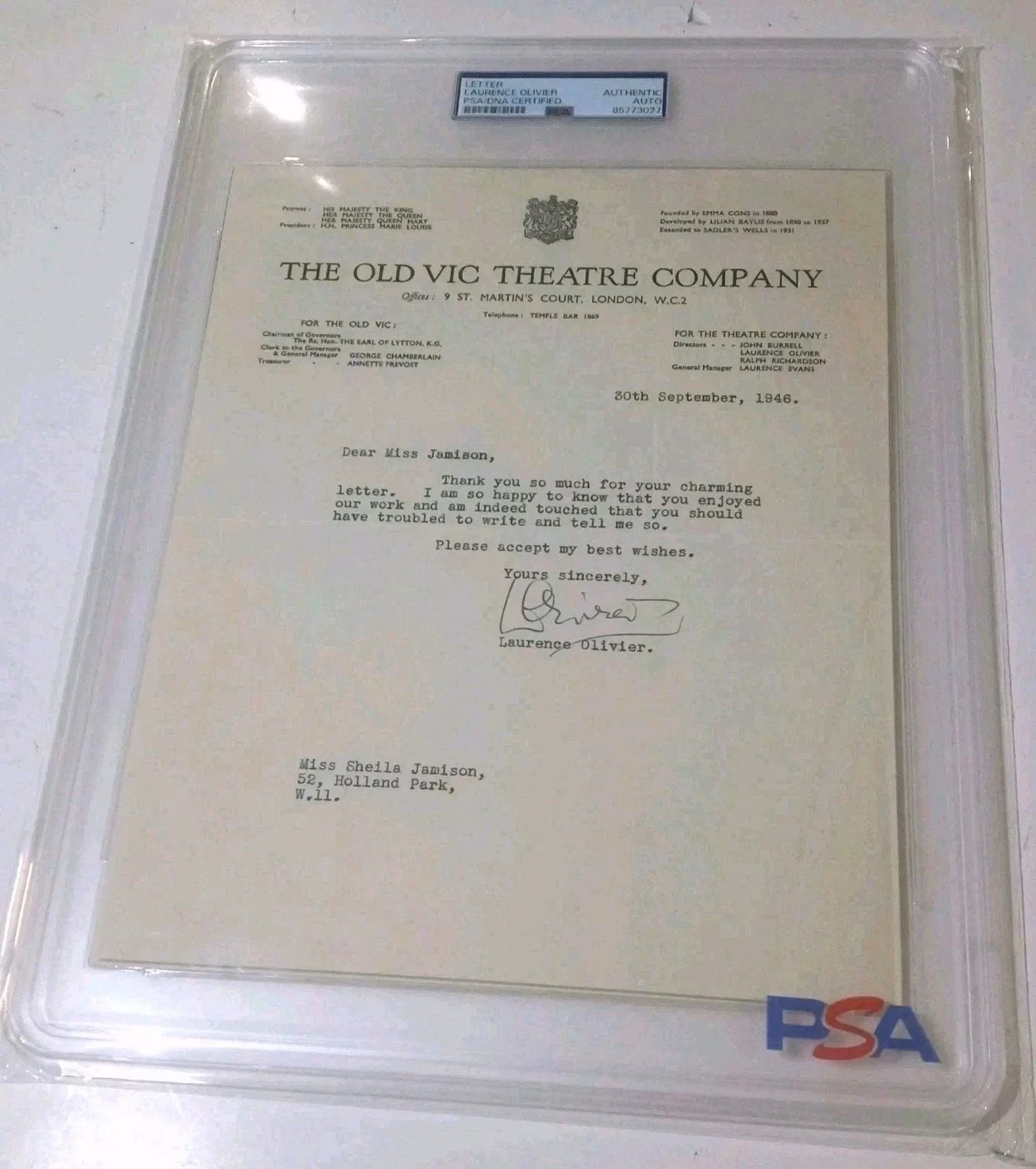 Laurence Olivier — LAURENCE OLIVIER 1946 HAND SIGNED LETTER FROM THE OLD VIC THEATRE ! PSA