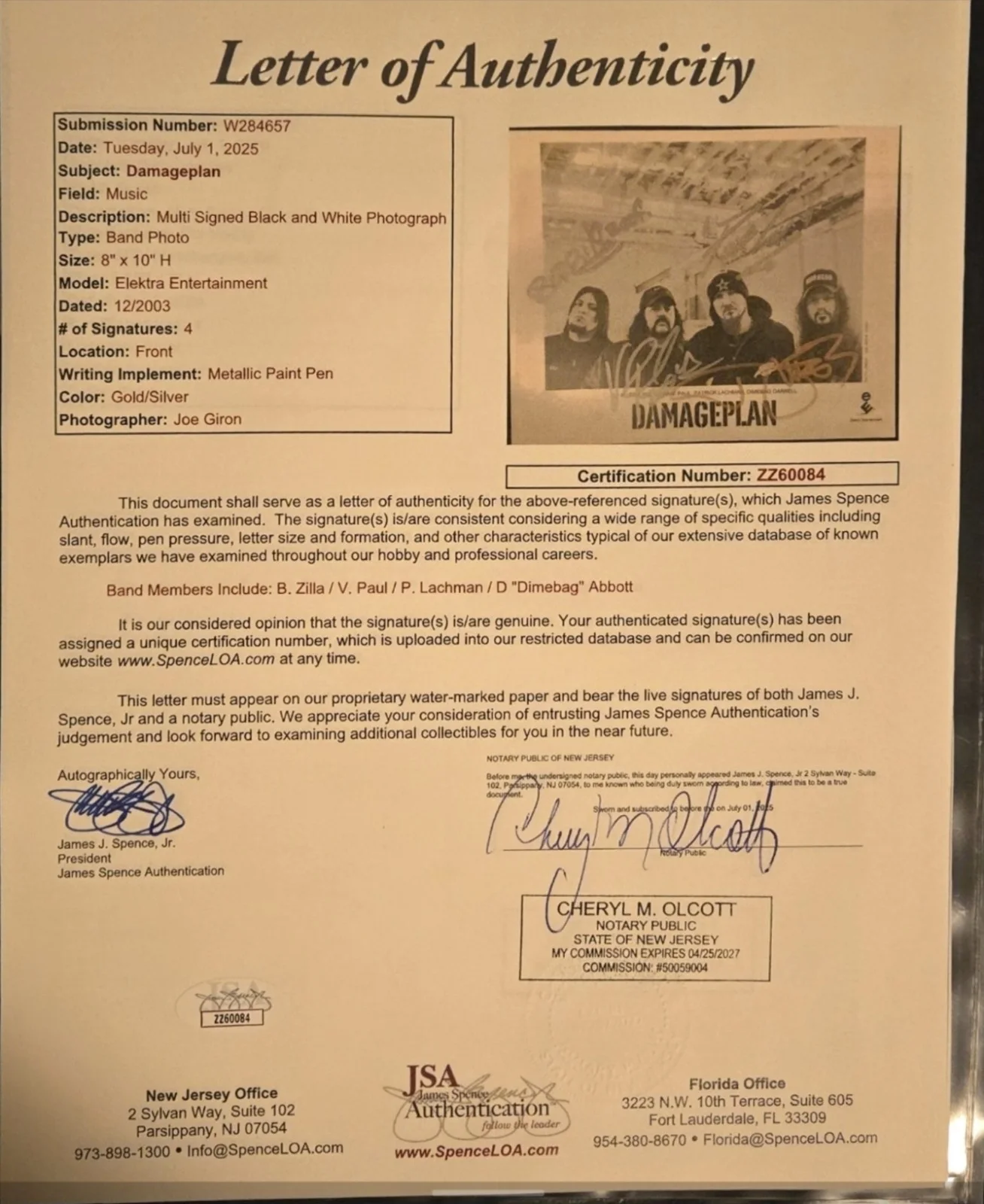 💯💯Damageplan Fully Signed 8 x 10 photo Dimebag Darrell (JSA LOA)💯💯, image 2