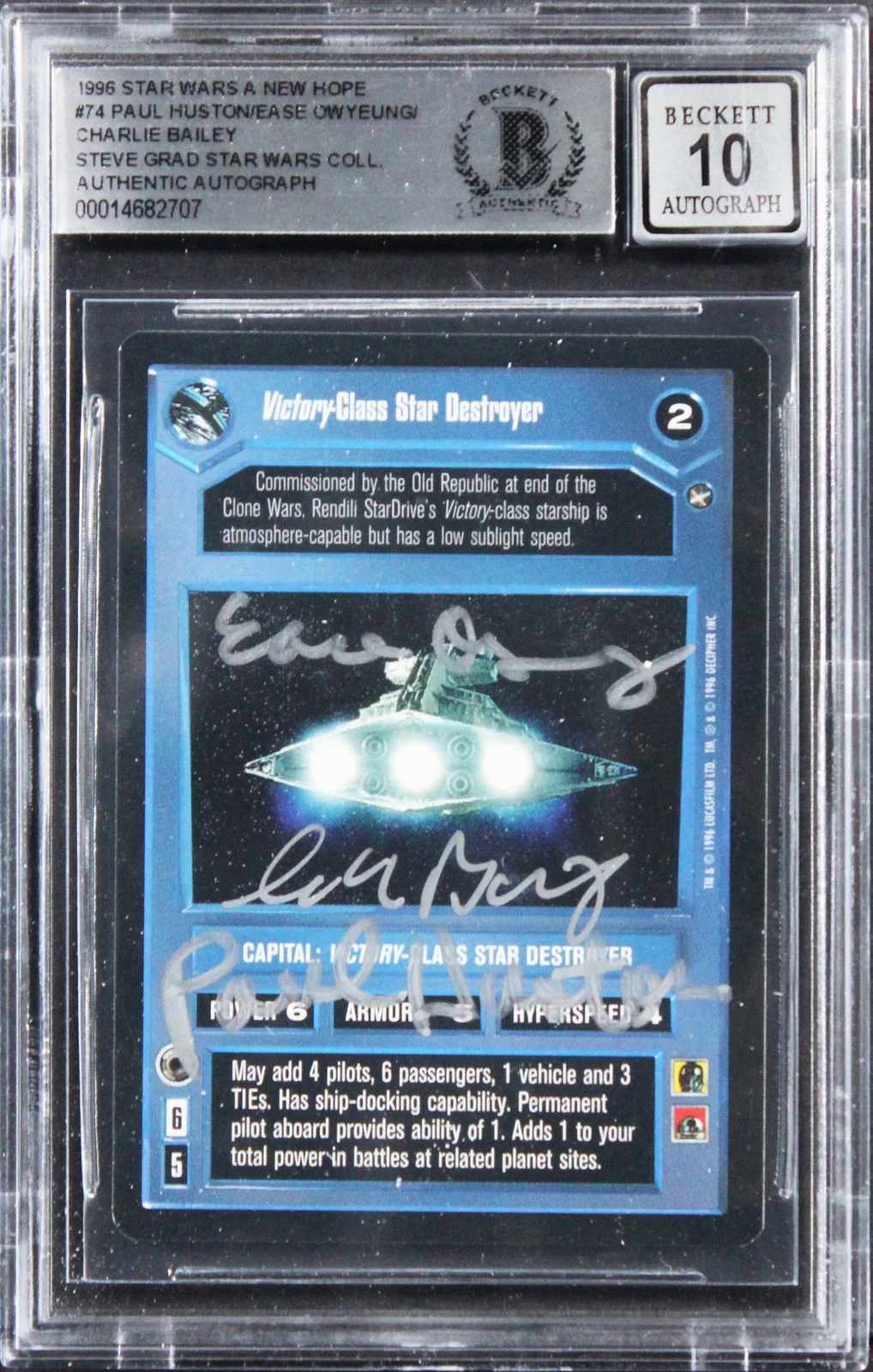 Paul Huston, Ease Owyeung & Charlie Bailey — (3) Huston +2 Signed 1996 Star Wars ANH #74 Card Auto Grade GM 10! BAS Slabbed