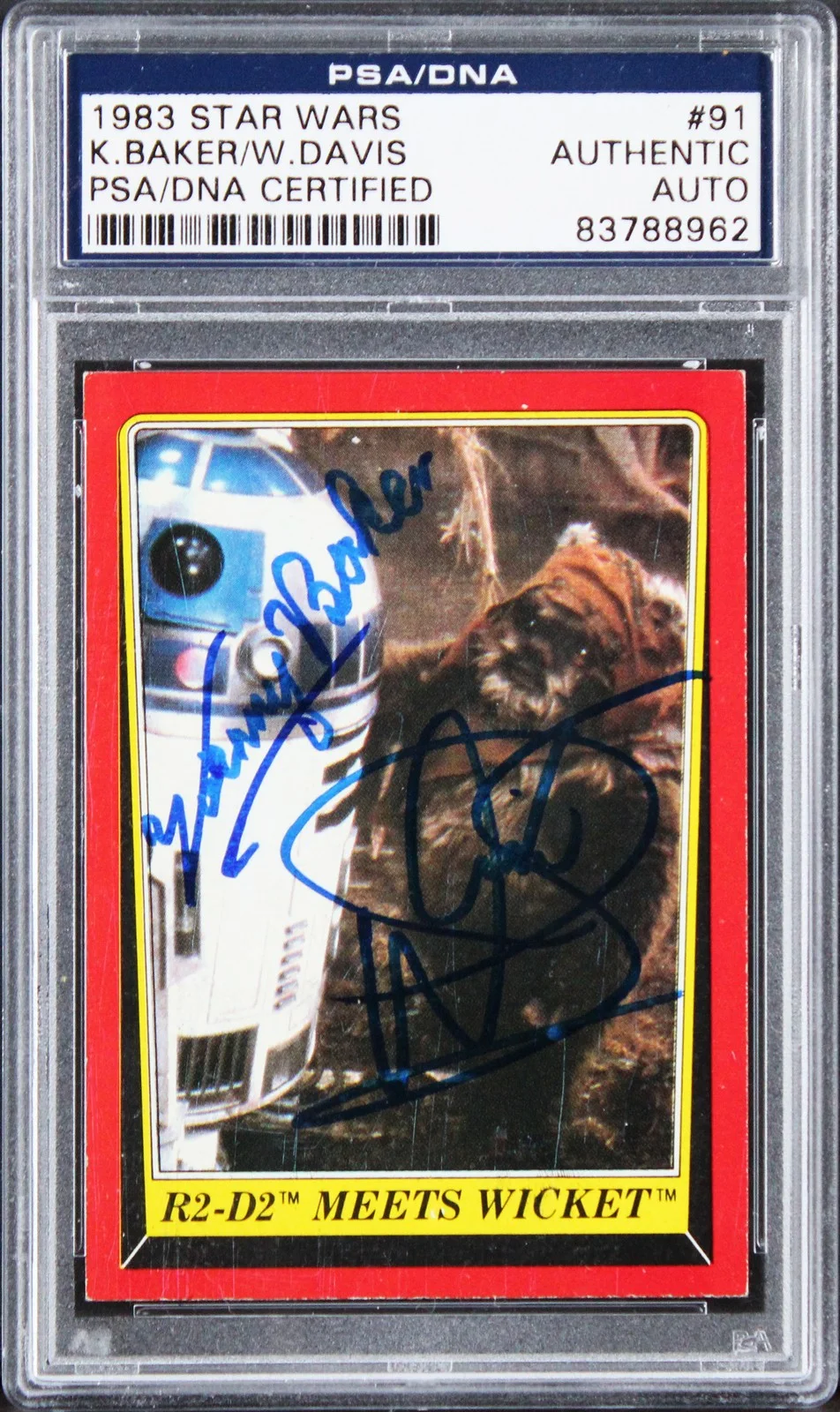 Kenny Baker & Warwick Davis — Kenny Baker & Warwick Davis Signed 1983 Star Wars ROTJ #91 Card PSA/DNA Slabbed