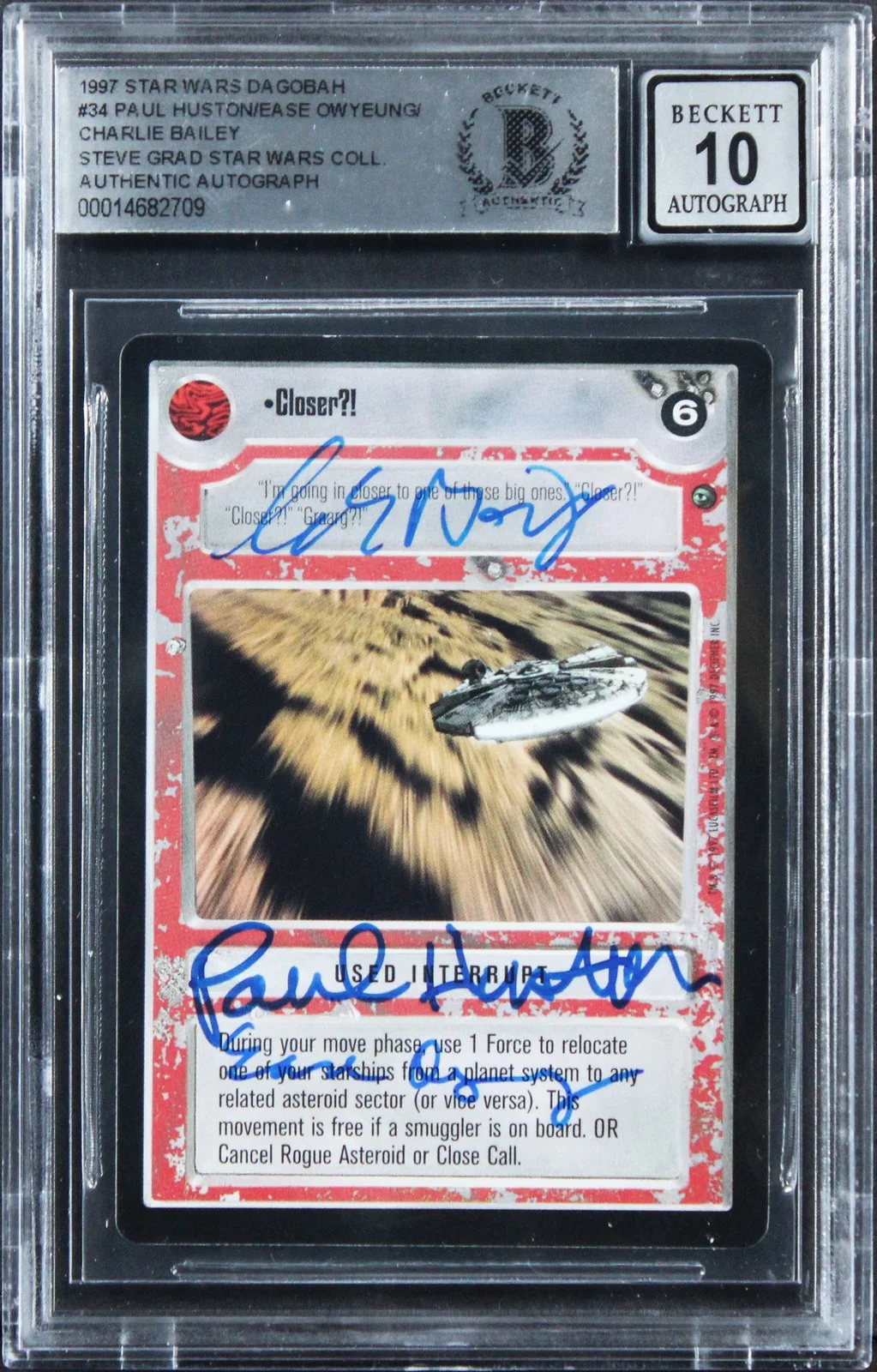 Paul Huston, Ease Owyeung & Charlie Bailey — (3) Huston +2 Signed 1997 Star Wars Dagobah #34 Card Auto Grade 10! BAS Slabbed