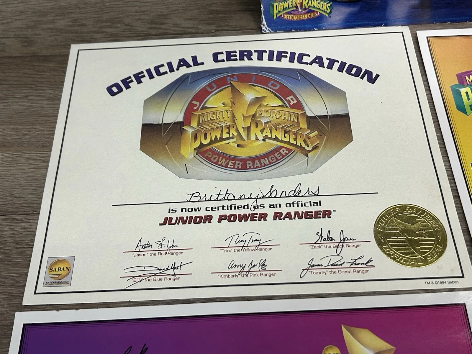 Vintage Mighty Morphin Power Rangers Fan Club Signed Photos &Junior Certificate, изображение 4