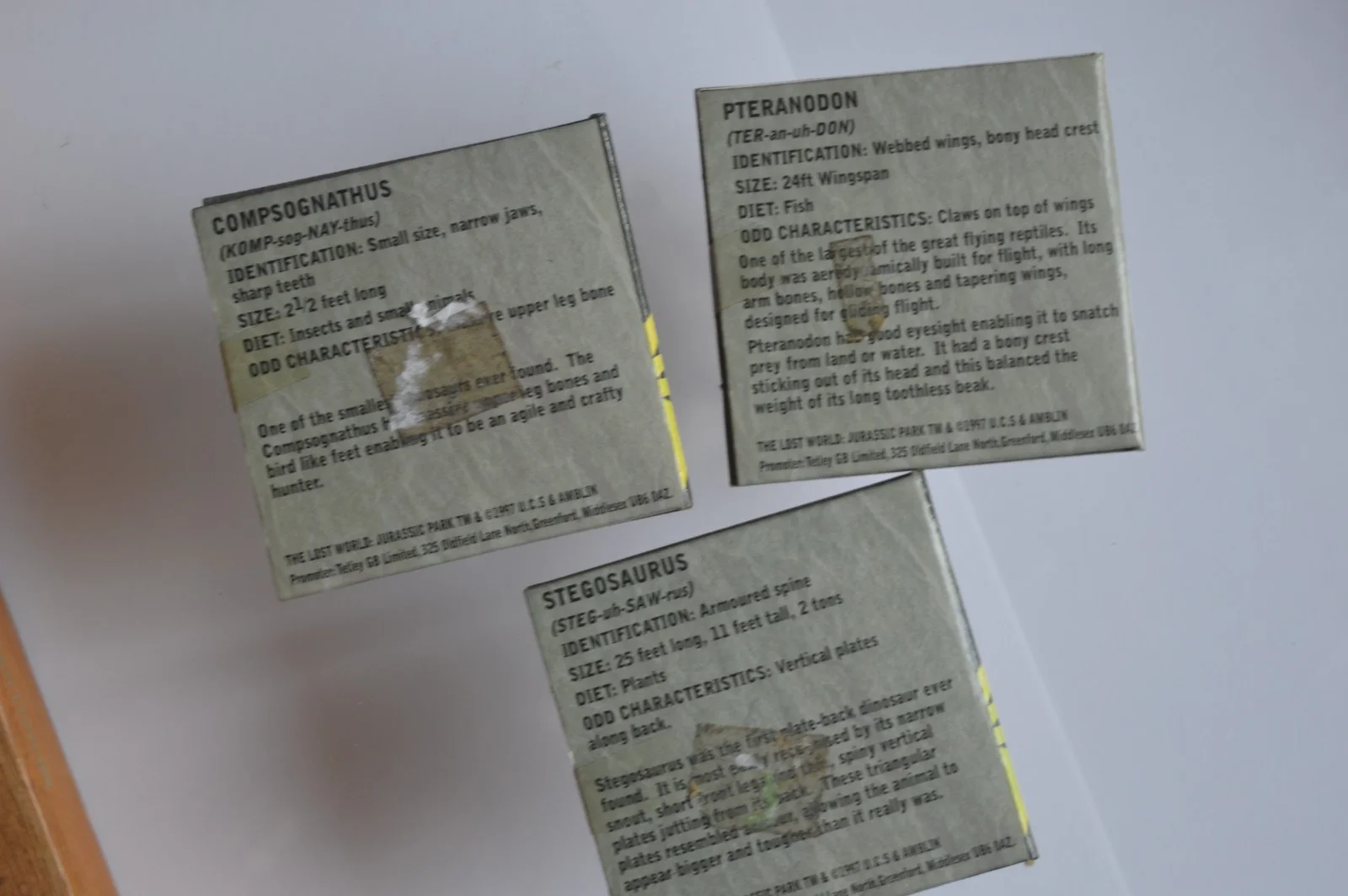 3x The Lost World Jurassic Park Tetley Stegosaurus Compsognathos Pteranodon, изображение 2