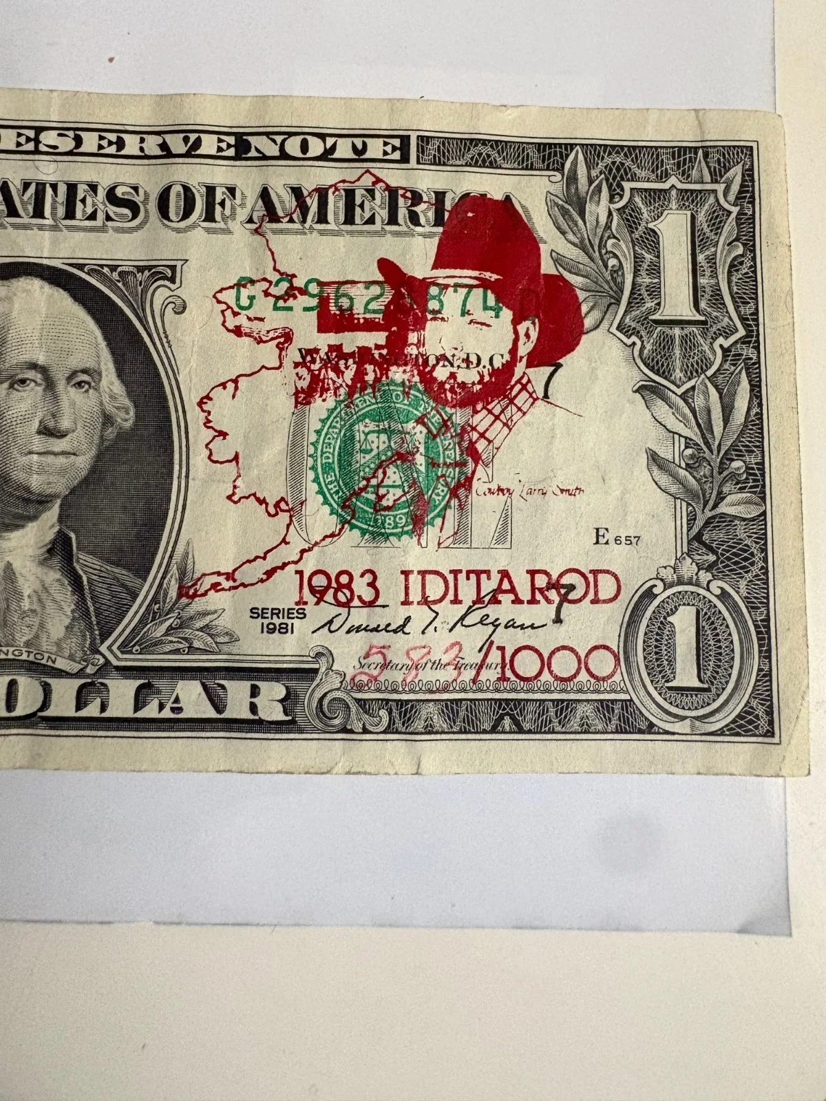 Larry Cowboy Smith — Limited edition autographed Larry "Cowboy" Smith 1983 Iditarod dollar bill, изображение 3