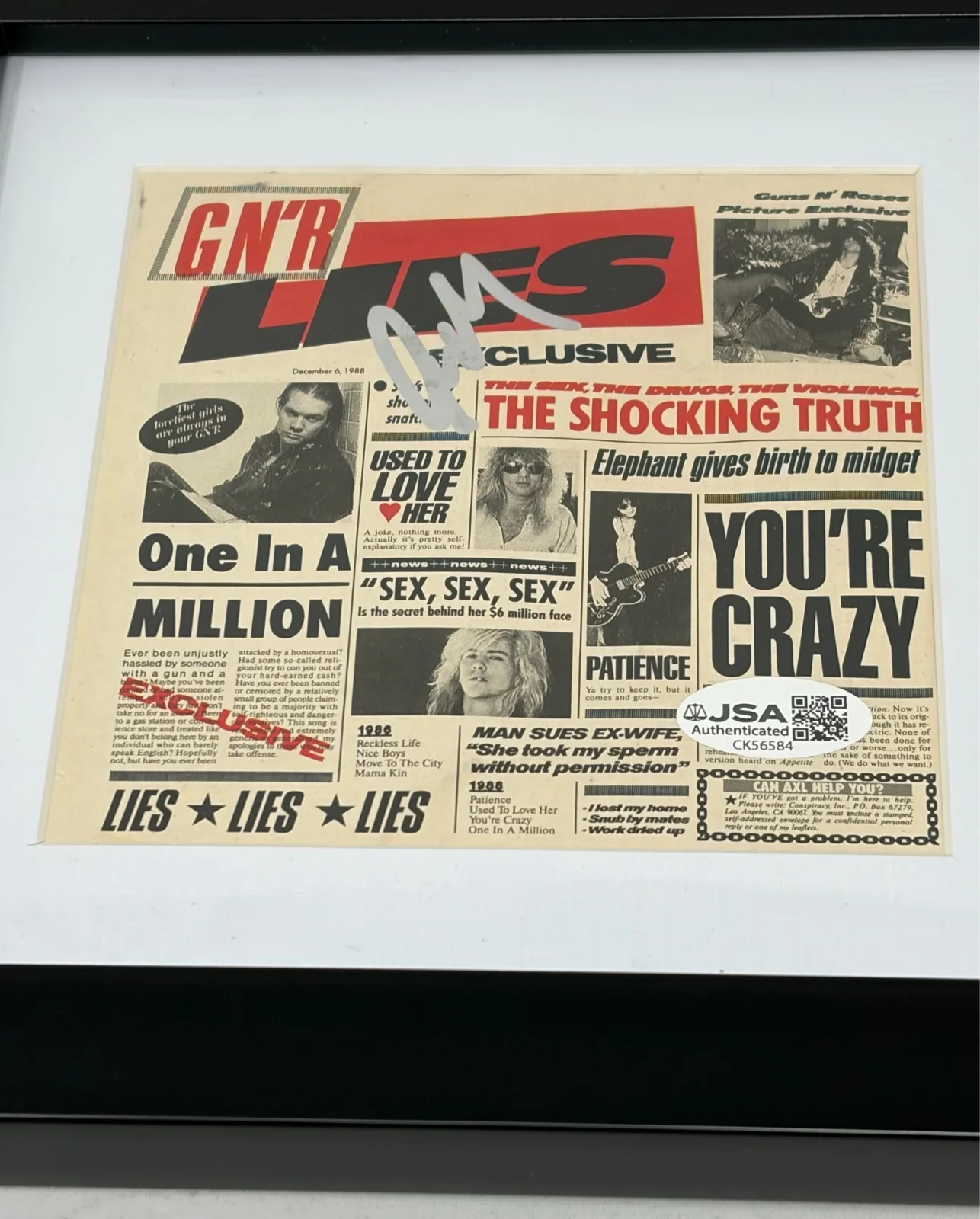Steven Adler of Guns N Roses signed G N' R Lies Framed CD Civer JSA COA, изображение 2