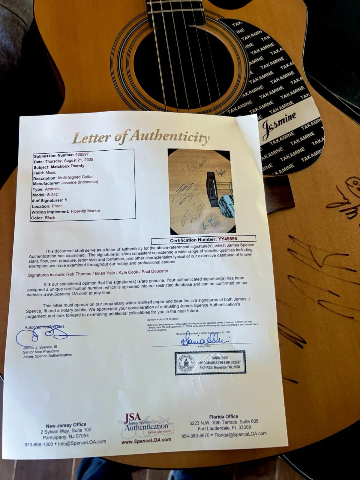 Matchbox 20 Band Signed Guitar! JSA Certified With Letter, image 4