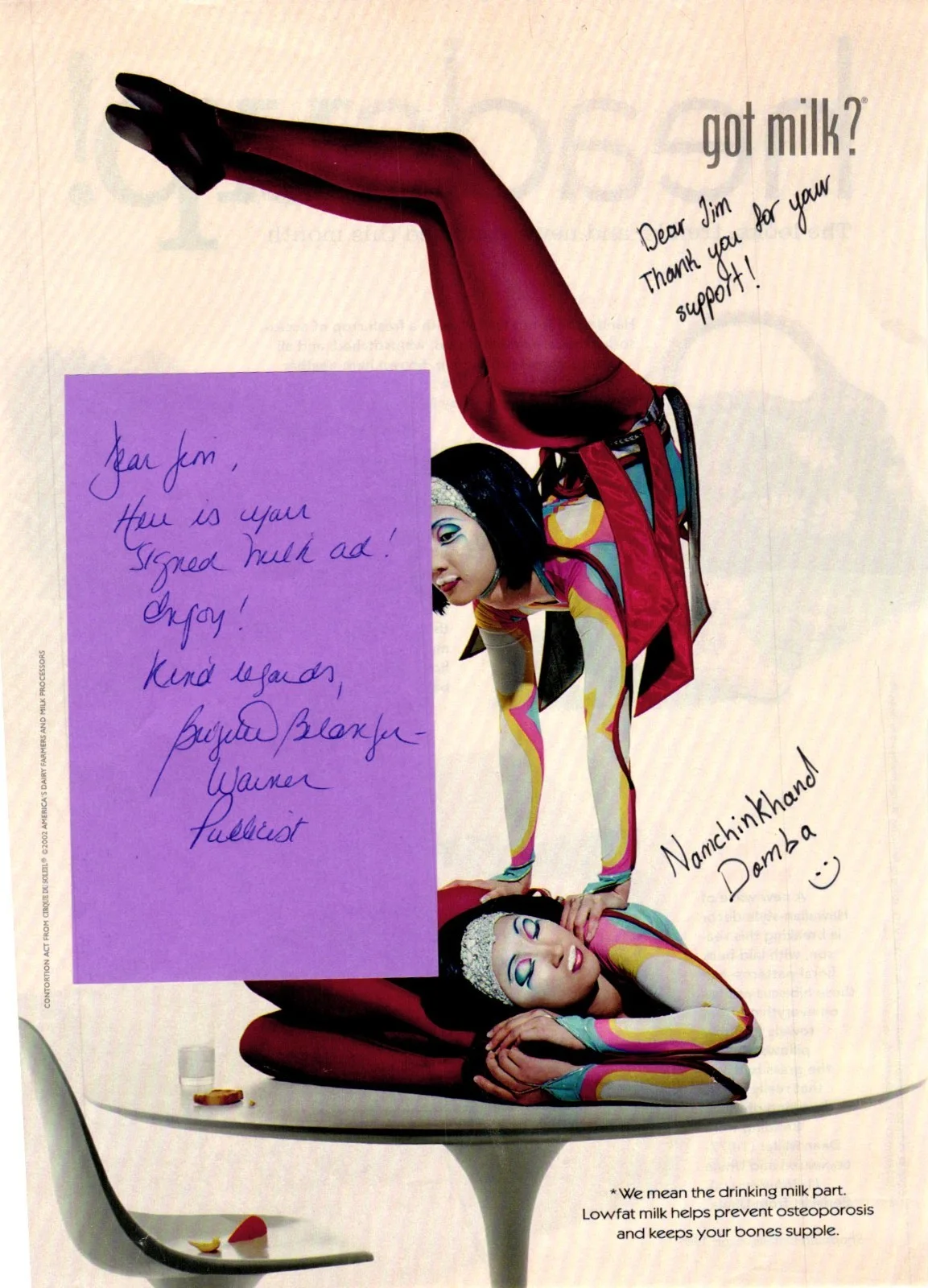 Namchinkhand Damba, Enkhjargal Dashbaljir — RARE Cirque Du Soleil Signed Got Milk Ad Magazine Photo Signed by 2 Plus Note, image 2