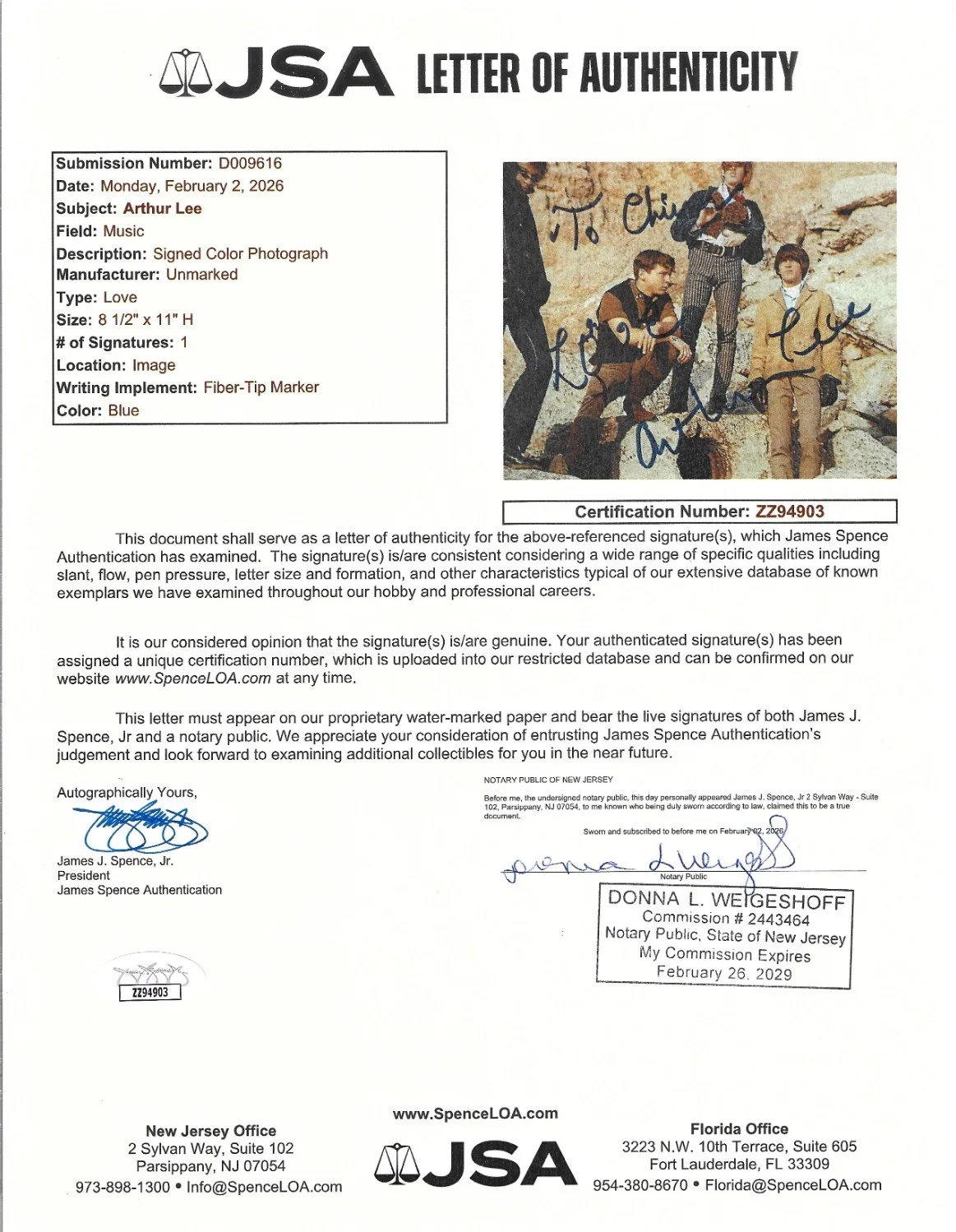 Arthur Lee of LOVE band REAL hand SIGNED 8.5x11" Photo JSA LOA Autographed RARE, изображение 2
