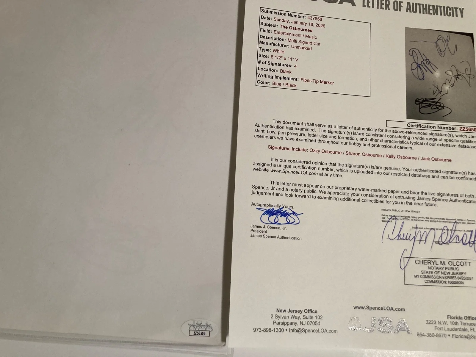 OZZY OSBOURNE signed 8.5x11 paper also with SHARON, KELLY & JACK JSA#ZZ56509, image 3