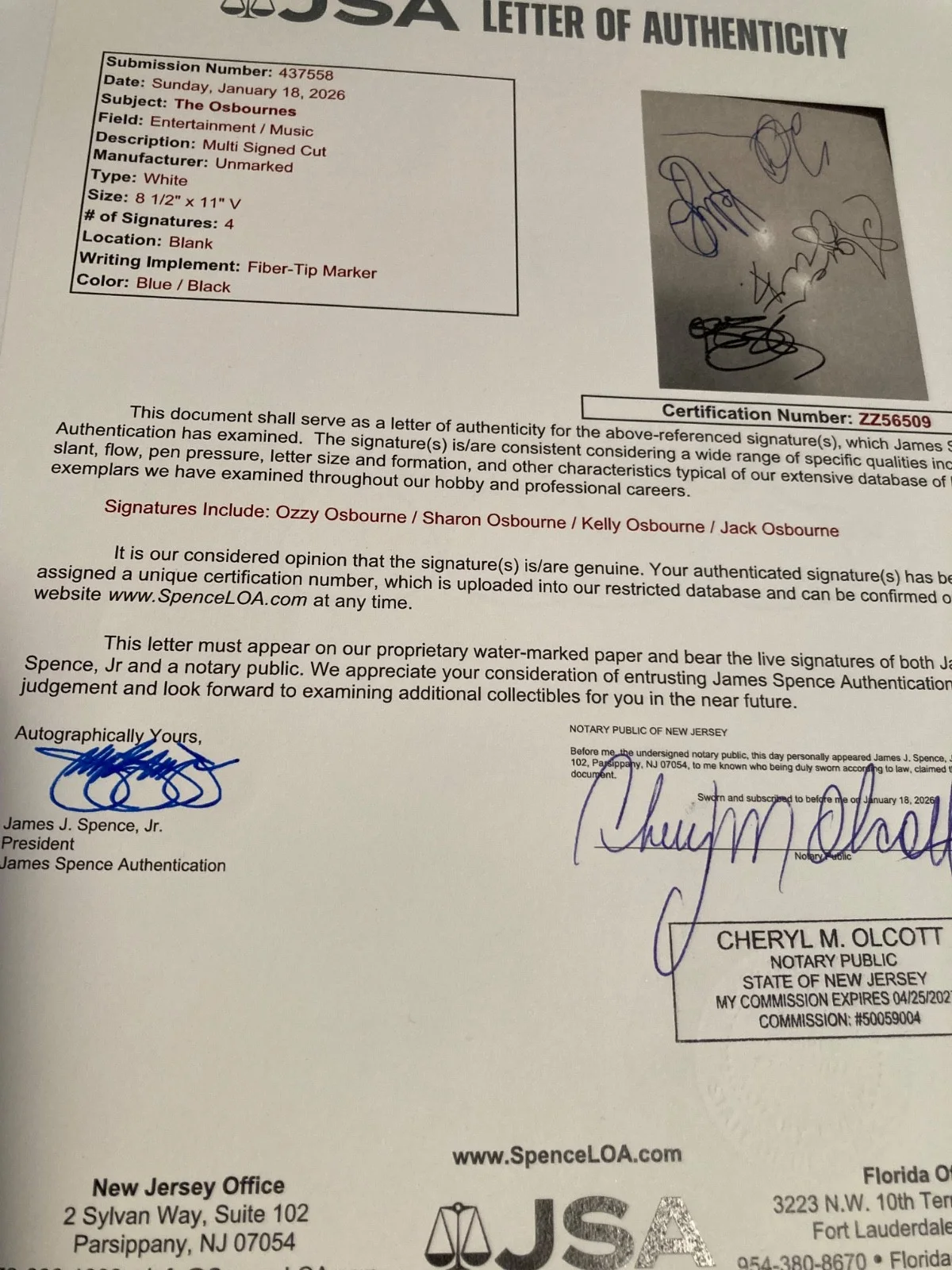 OZZY OSBOURNE signed 8.5x11 paper also with SHARON, KELLY & JACK JSA#ZZ56509, image 4