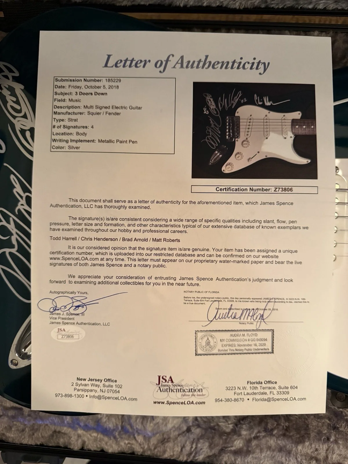 3 Doors Down Autograph (Original Members) Fender Strat w/Hard Case JSA/COA, image 5