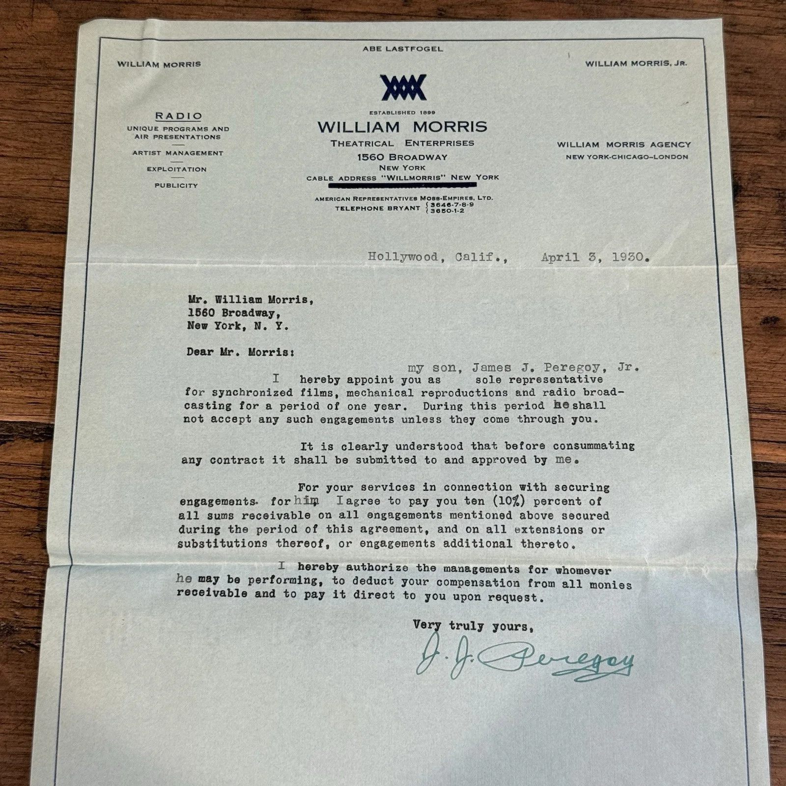 J. J. Peregoy — 1930 William Morris Agency Hollywood Letter Signed Film Contract Skippy, image 4