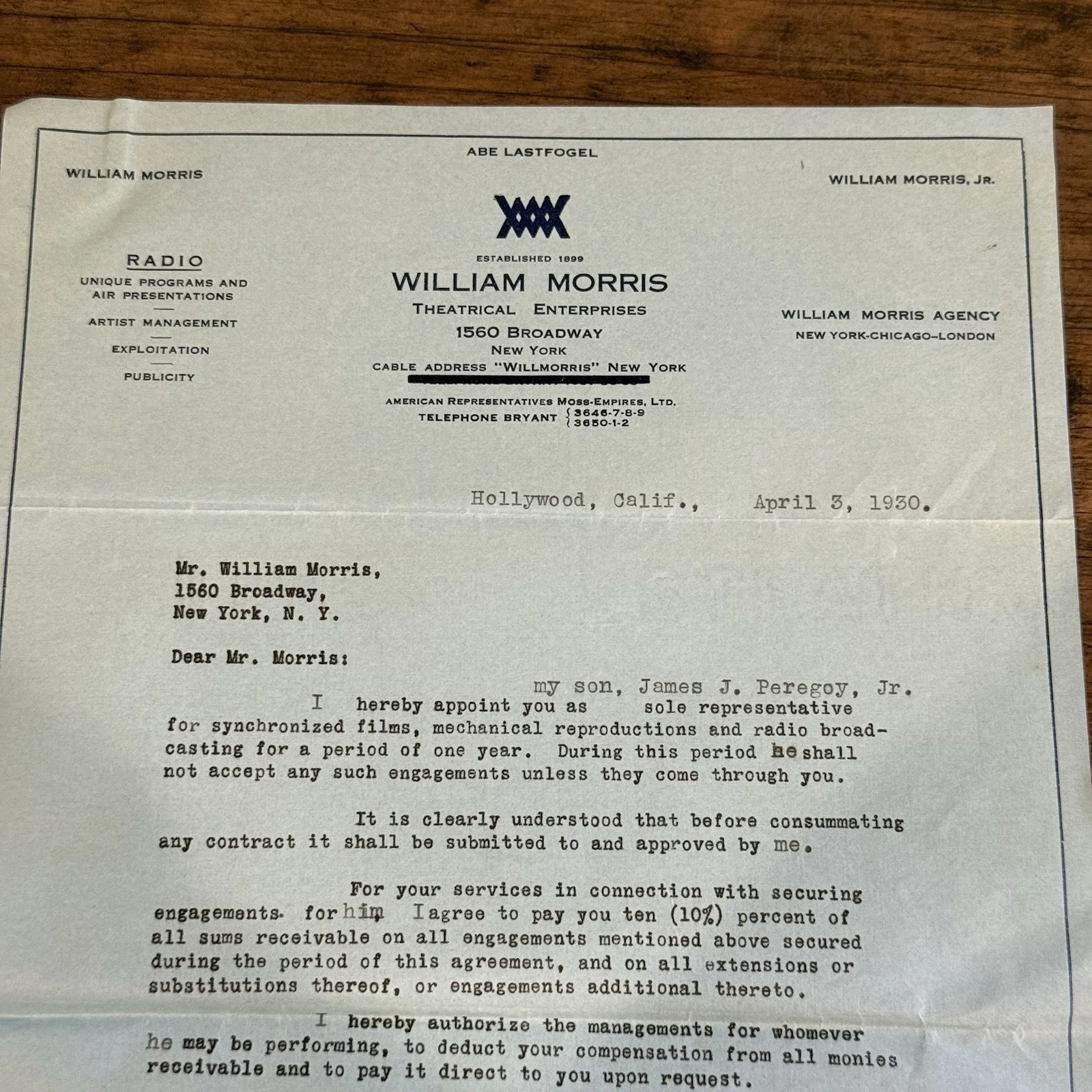 J. J. Peregoy — 1930 William Morris Agency Hollywood Letter Signed Film Contract Skippy, image 5