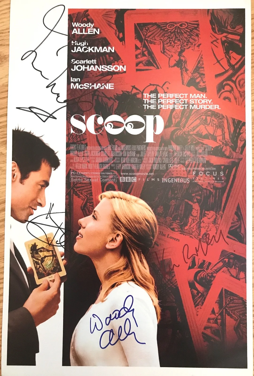 Woody Allen, Hugh Jackman — Woody Allen, Hugh Jackman, Ian McShane & Kevin McNally signed 11x17 Poster. IP