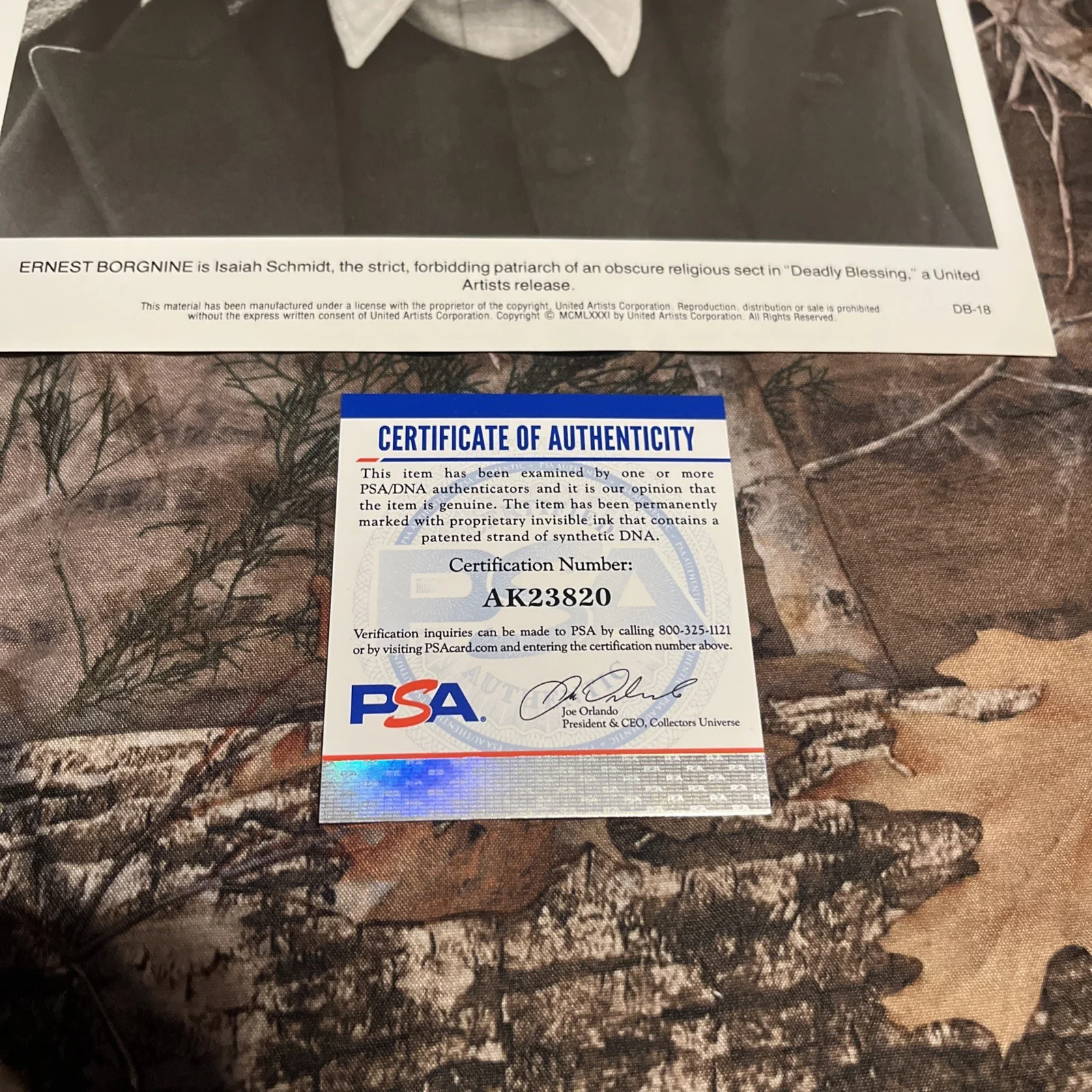Ernest Borgnine “Deadly Blessing” Autographed 8x10 PSA Authentic, image 2