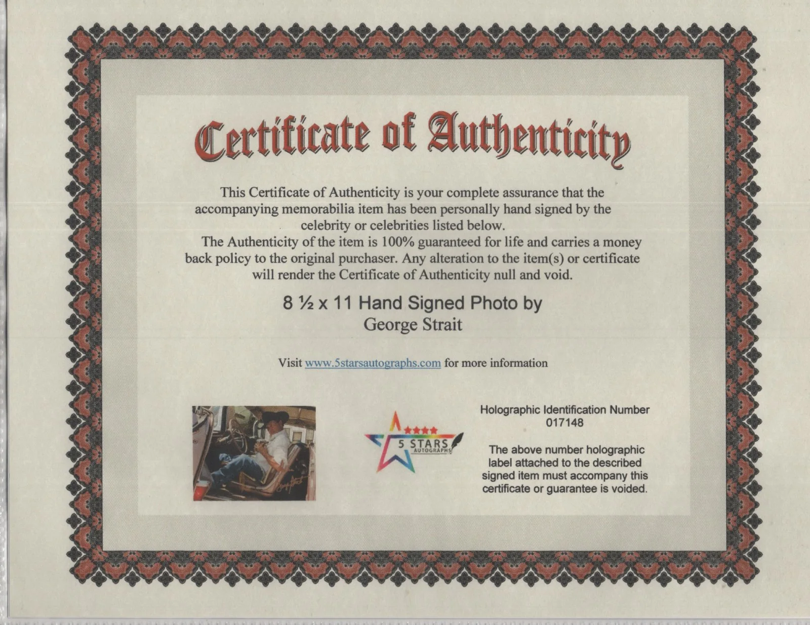 GEORGE STRAIT AUTOGRAPHED 8 1/2 X 11 COLOR PHOTO / COA, изображение 2