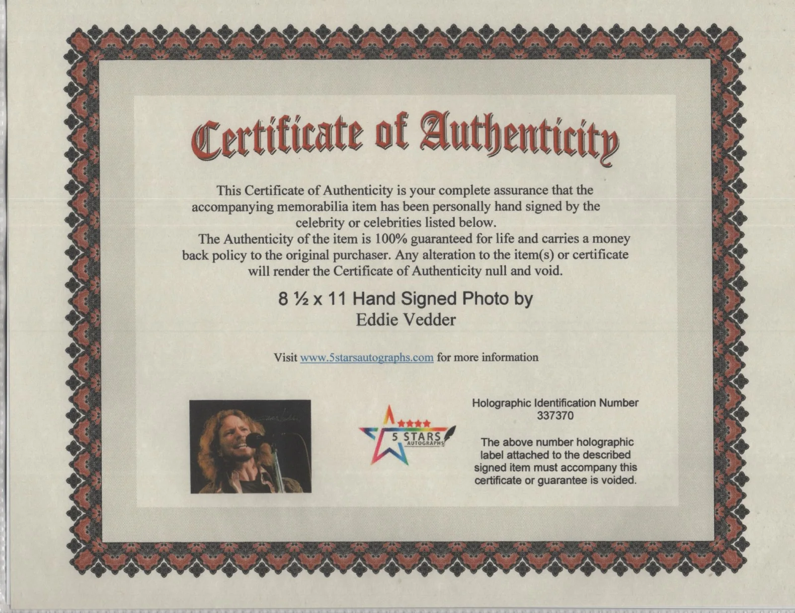 EDDIE VEDDER PEARL JAM LEAD SINGER AUTOGRAPHED 8 1/2 X 11 COLOR PHOTO / COA, изображение 2
