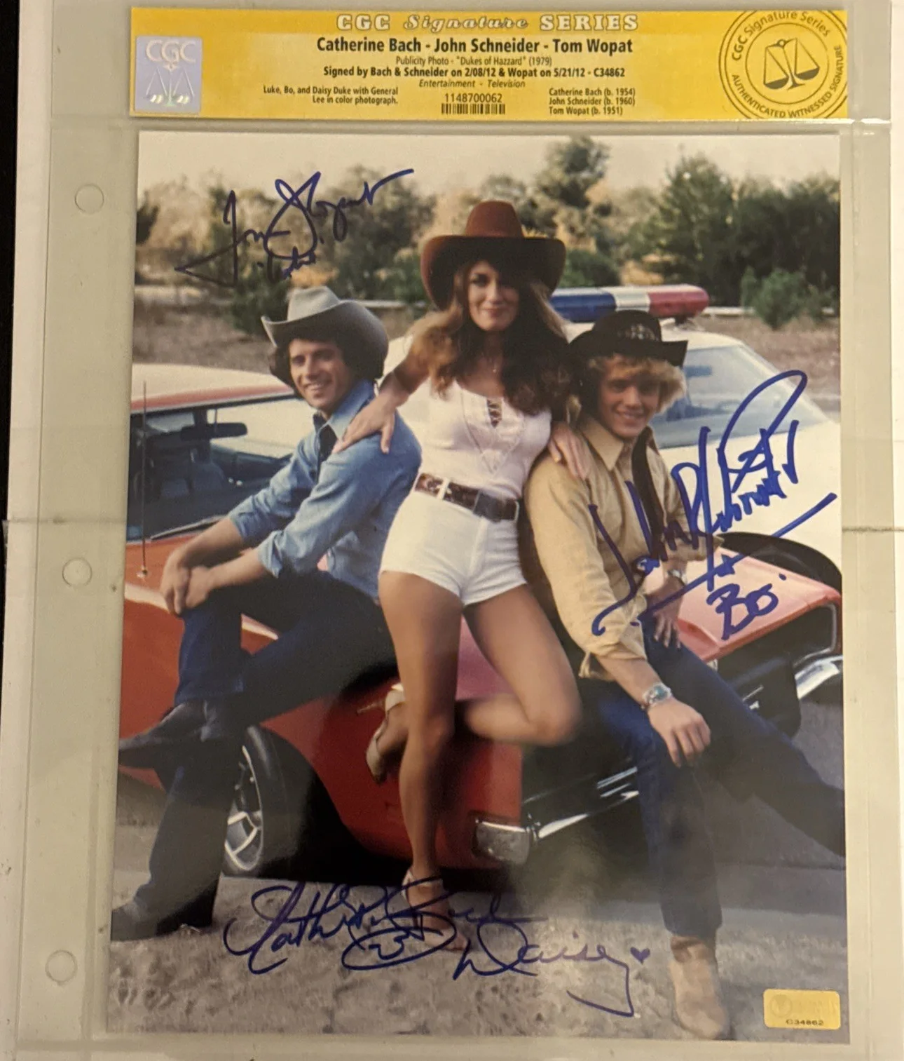 Catherine Bach TOM WOPAT JOHN SCHNEIDER — SCHNEIDER WOPAT BACH DUKES OF HAZZARD AUTO/AUTOGRAPHED 8x10 PHOTO CGC SIG GRADED