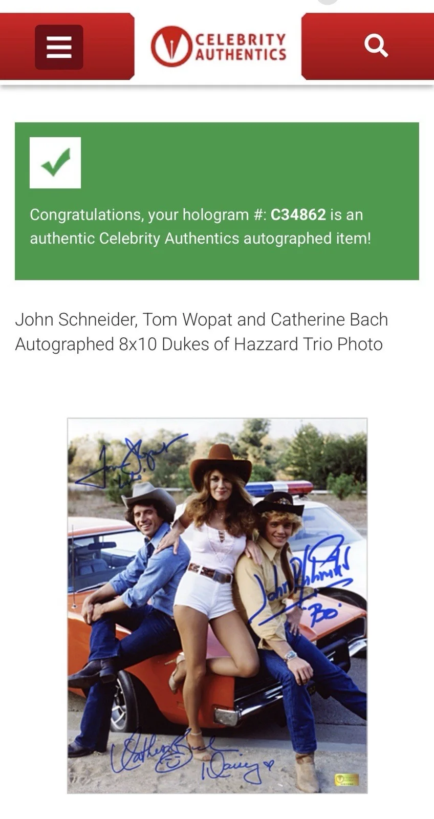 Catherine Bach TOM WOPAT JOHN SCHNEIDER — SCHNEIDER WOPAT BACH DUKES OF HAZZARD AUTO/AUTOGRAPHED 8x10 PHOTO CGC SIG GRADED, изображение 2