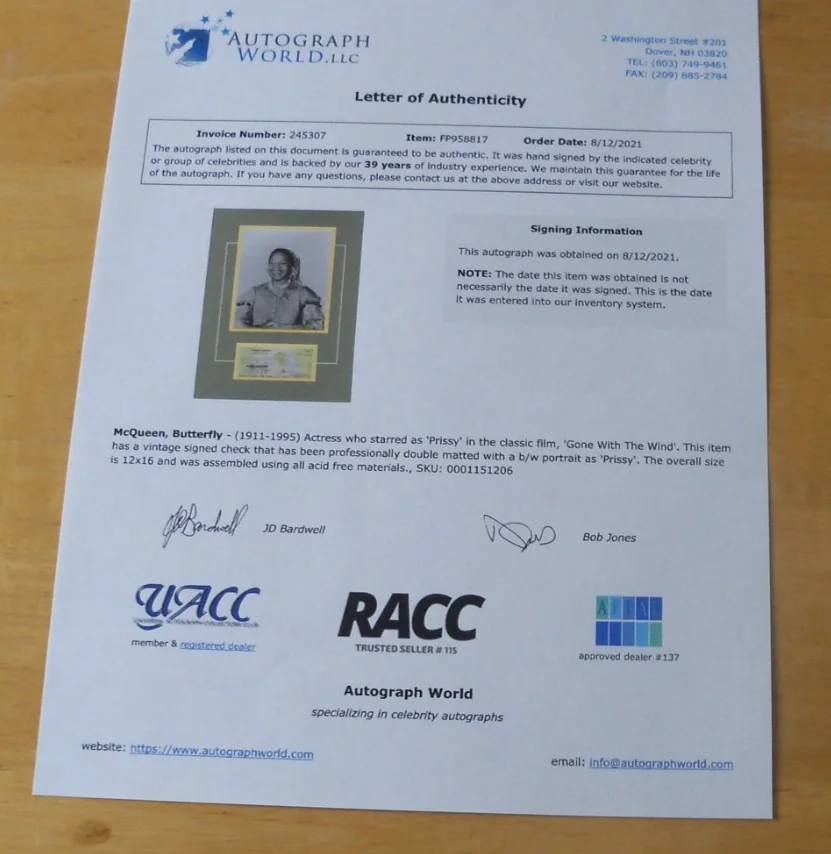 Butterfly McQueen — Butterfly McQueen signed check and photo matted COA Gone With The Wind, image 4