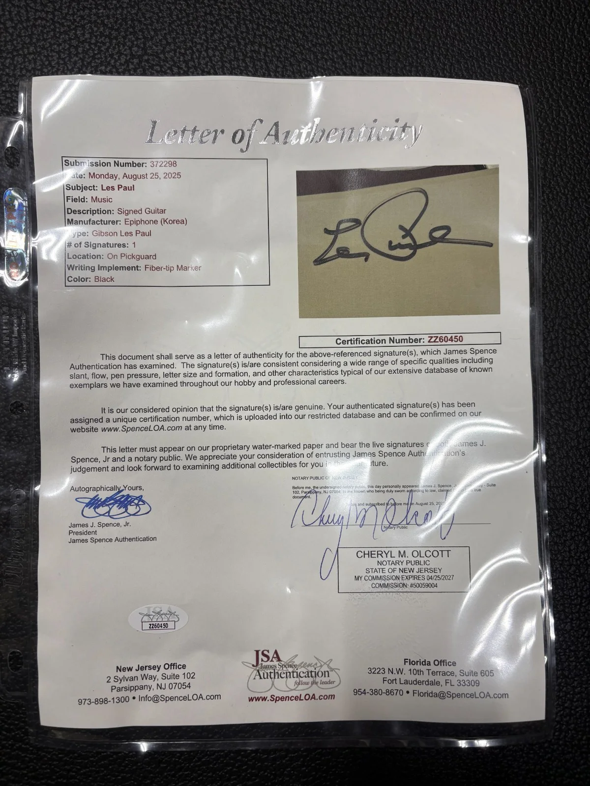 LES PAUL SIGNED EPIPHONE GUITAR JSA "LETTER OF AUTHENTICITY", image 2