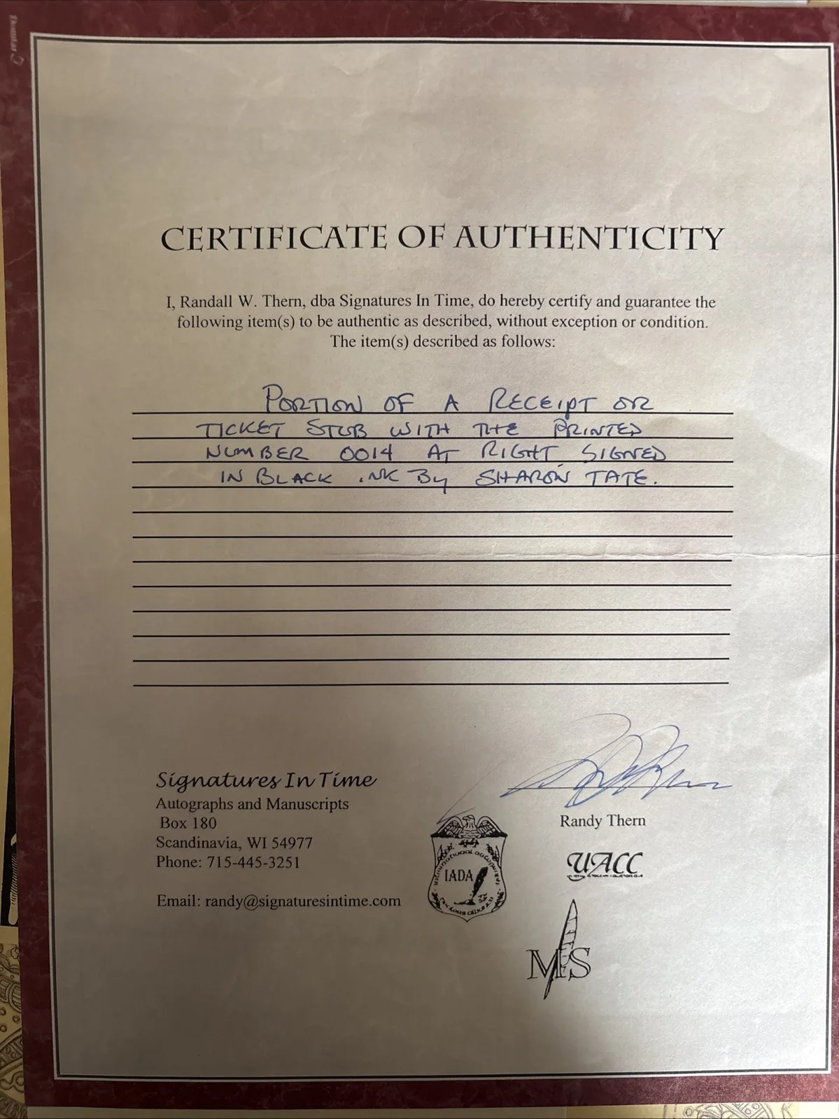 Sharon Tate — sharon tate signature Authentic With COA, image 4