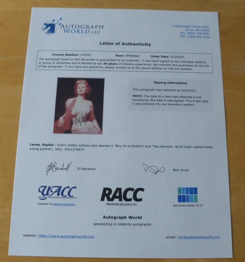 Sophia Loren — Sophia Loren signed photo COA, image 3