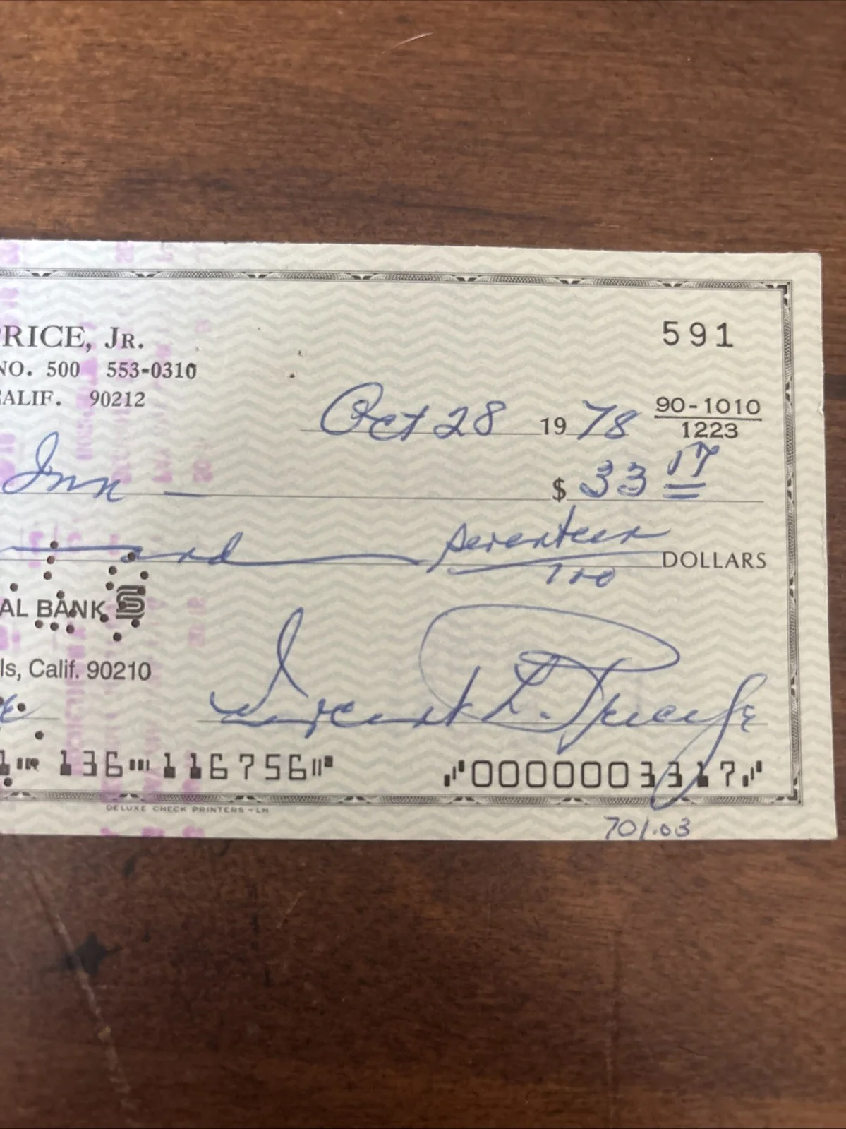 Vincent Price Jr — Vincent Price Jr Signed Check, image 2